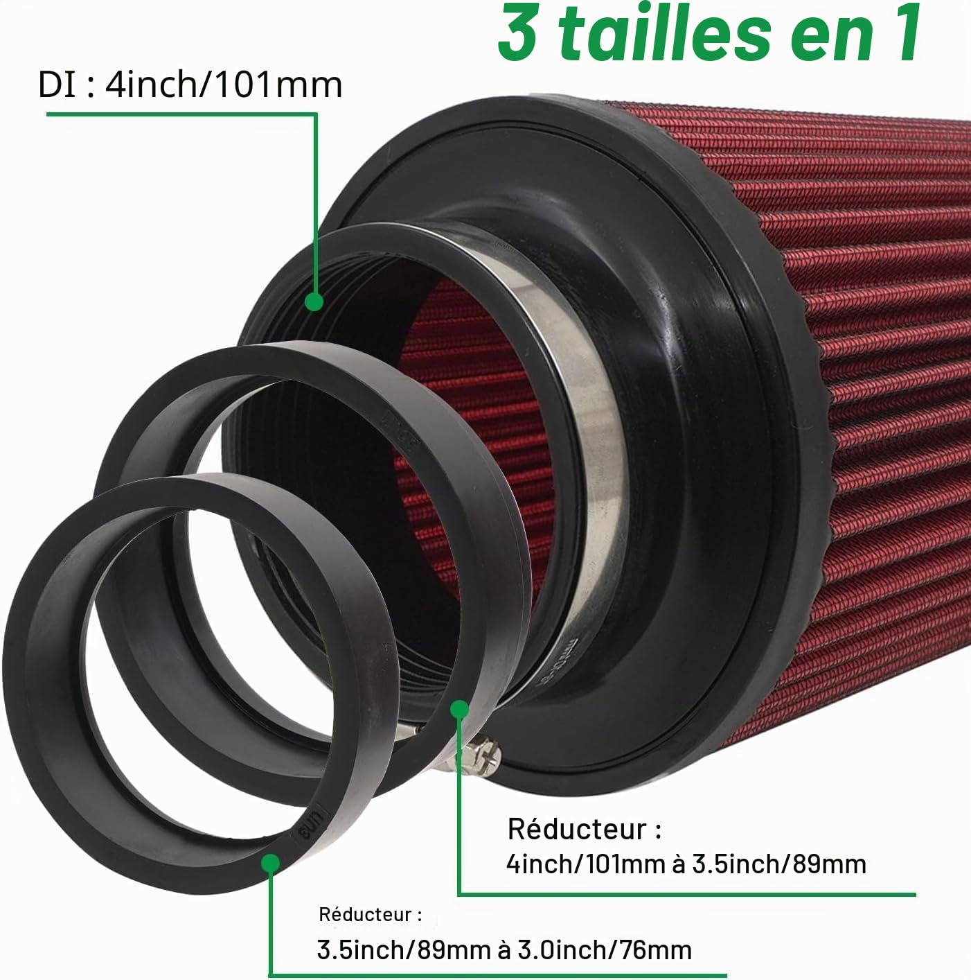 Filtre à air universel de voiture - Filtre à air de rechange pour 76 mm, 89 mm, 101 mm - Kit d'admission - Filtre à air froid universel haute performance - Lavable et réutilisable (rouge)