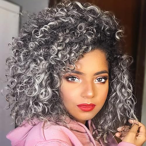 Pelucas rizadas para mujeres negras pelucas afro rizadas suaves de 14 pulgadas con flequillo pelucas sintéticas rizadas de color gris degradado