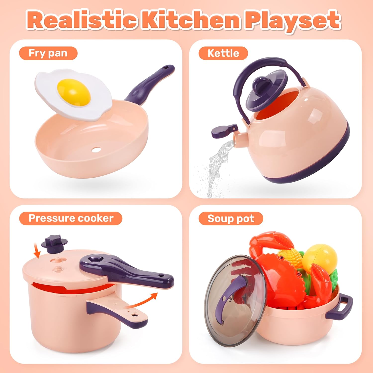 CUTE STONE Play Kitchen Accessories, Cooking Set for Kids with Cutting Play Food & Pretend BBQ, Kids Kitchen Playset with Toy Pots & Pans, Toy Kitchen Sets Learning Gift for Toddlers Girls Boys