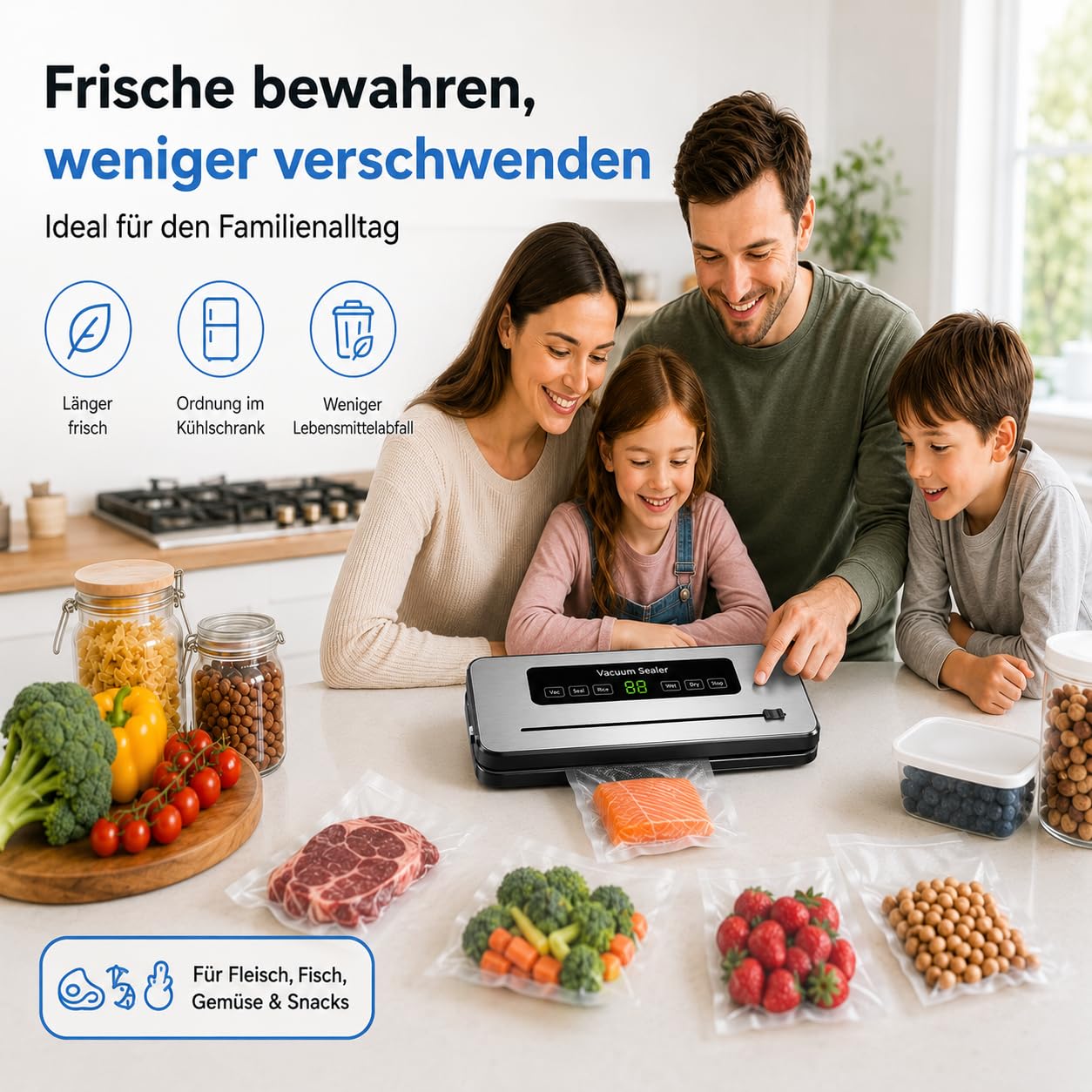 Envasadora al vacío con 100 bolsas al vacío, sellador automático al vacío, modo seco y húmedo para carne, verduras y frutas, máquina de sellado al vacío para almacenamiento fresco