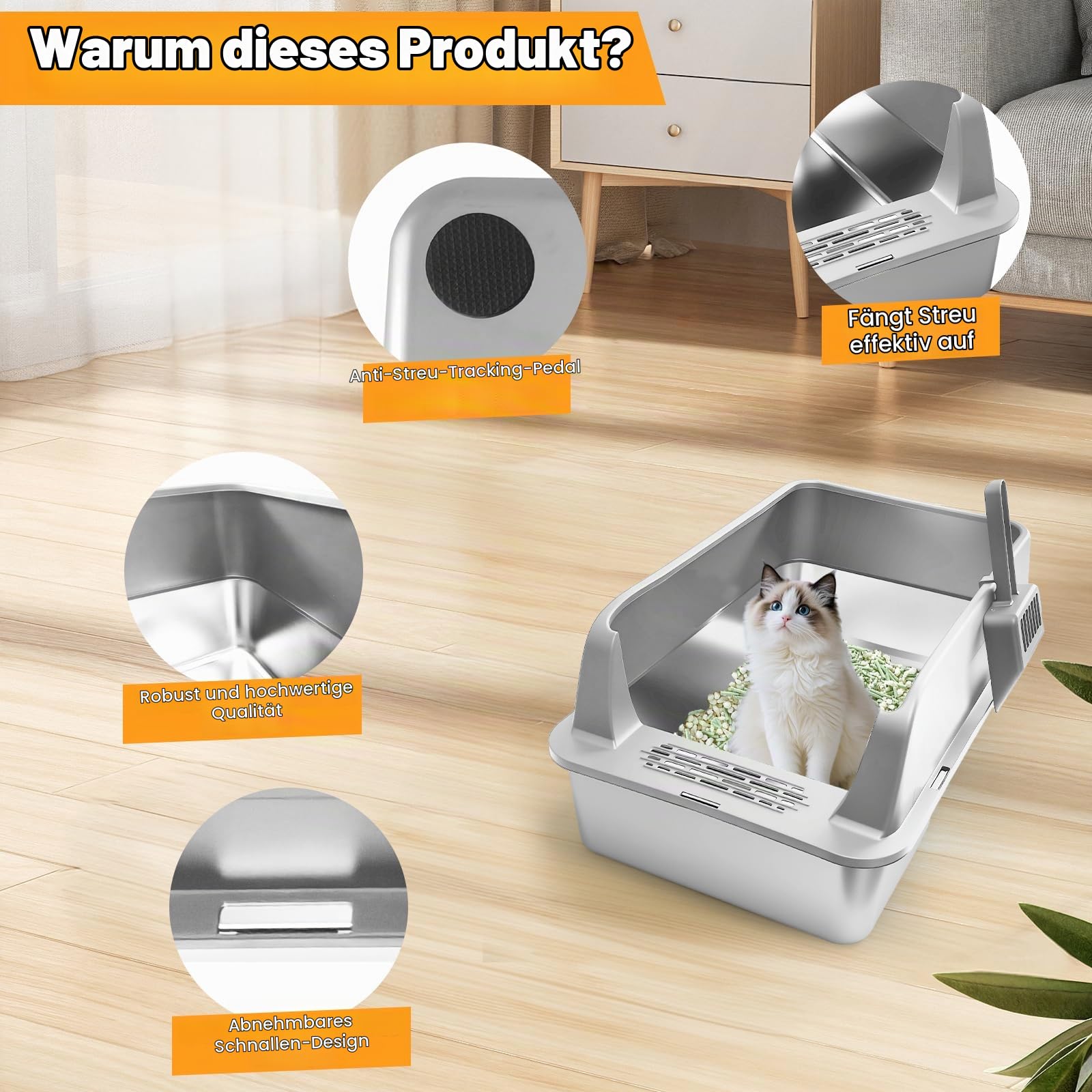 Homegroove 2er Set Edelstahl Katzenklo, 58 x 38 x 28 cm XL Metall Toilette für große Katzen mit Deckel & hohem Rand, inkl. Schaufel, leicht zu reinigen (Hellgrau)