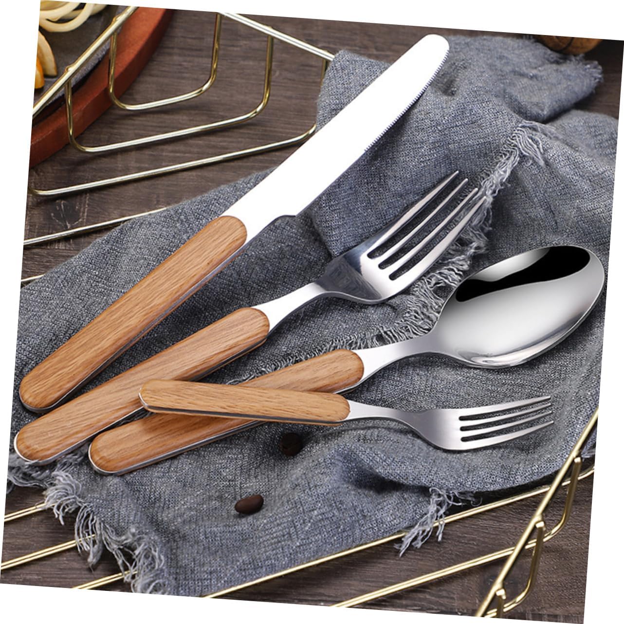 Xmas 4pcs Retro Stainless Steel Cutlery Set with Wood Grain Handles