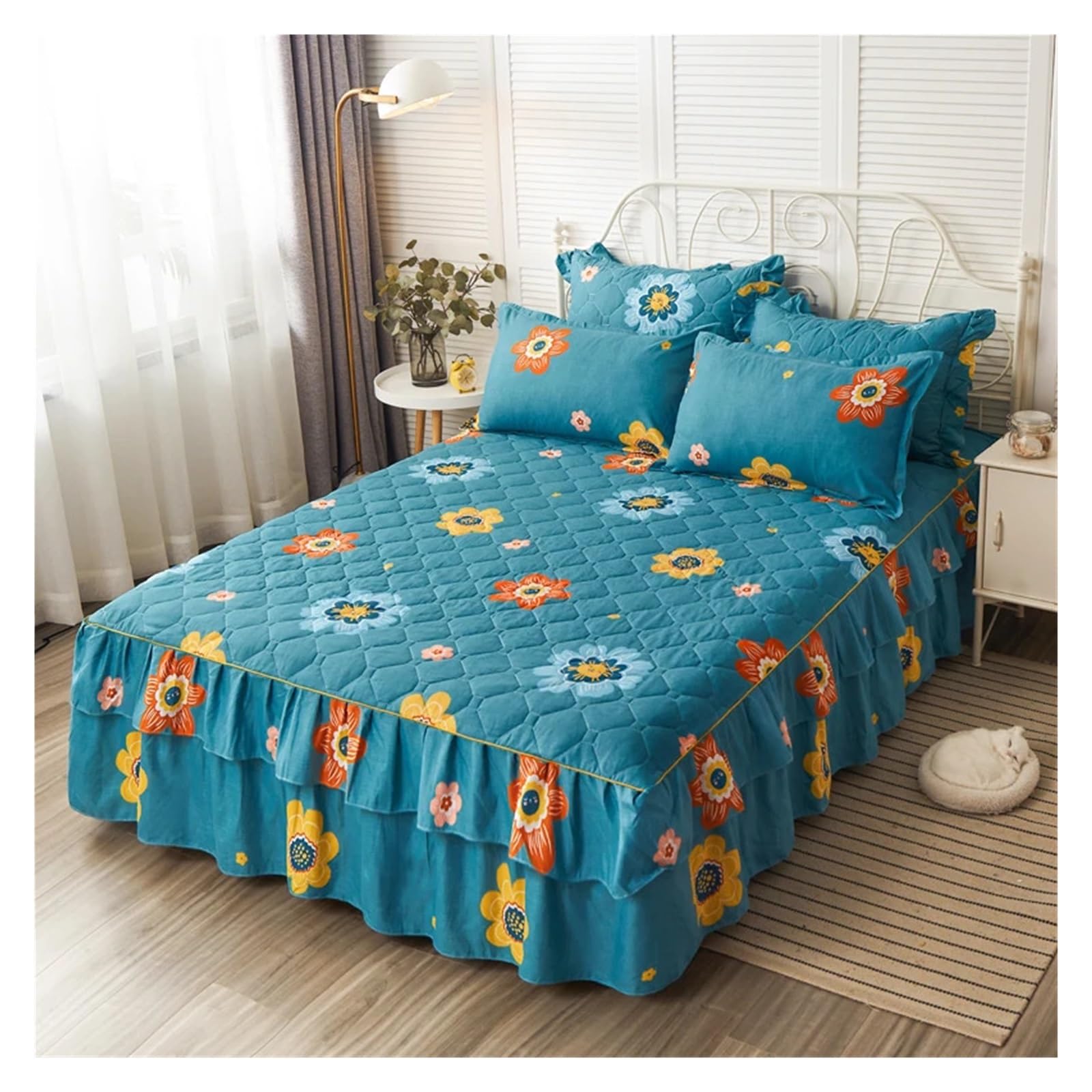 Printed Bed Skirt Quilted Bed Skirt Thick Bedspread Printed Cover Home Mattress Protector No Pillowcase