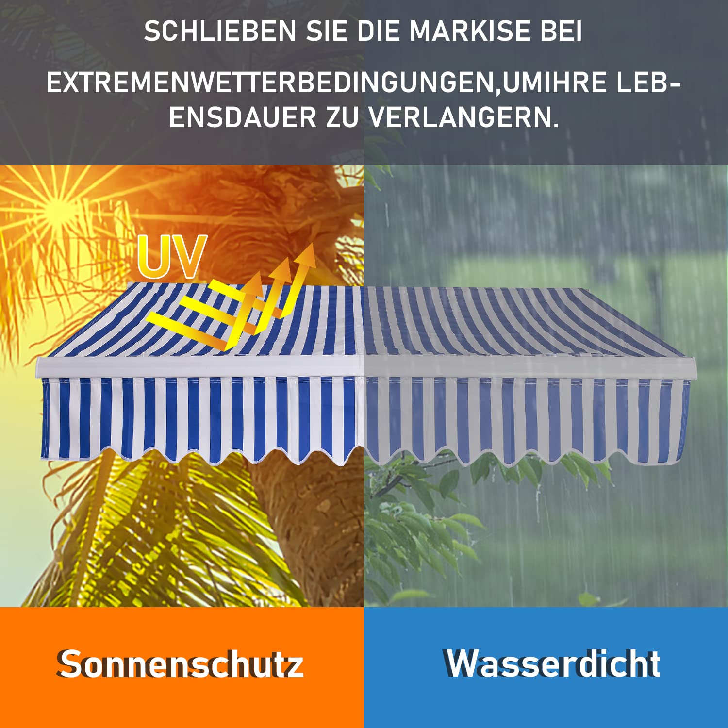Randaco Tenda da sole da balcone, con braccio snodato, 250 x 200 cm, con regolazione angolare (0-30°), resistente ai raggi UV e alle intemperie, blu/bianco a righe