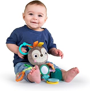 Bright Starts Playful Pals Sloth Plush Stroller Toy - BPA-Free Take-Along with Mirror, Rattle, Taggies for Newborns+
