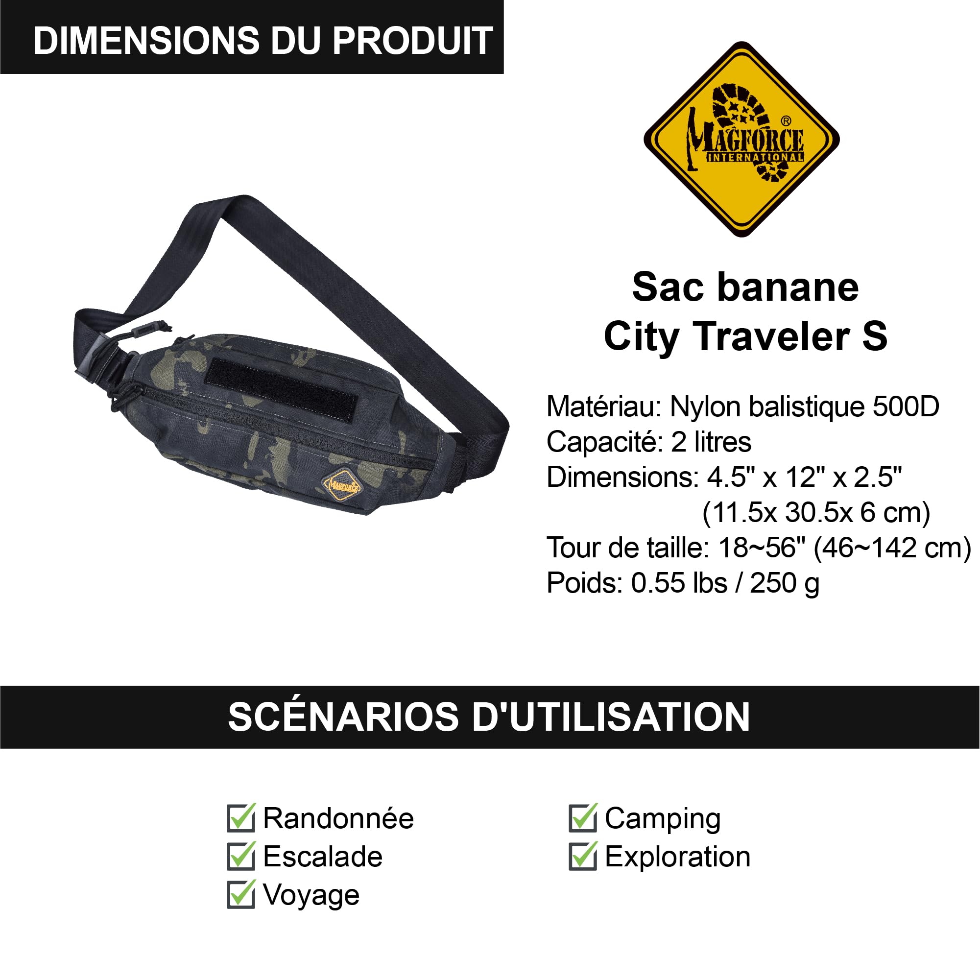 Magforce Sac Banane Tactique City Traveler pour Homme – Voyage et randonnée, léger, Grande capacité, Multiples Poches, Pochette Multifonction en Nylon avec Fermeture éclair, Camouflage Noir, Taille S