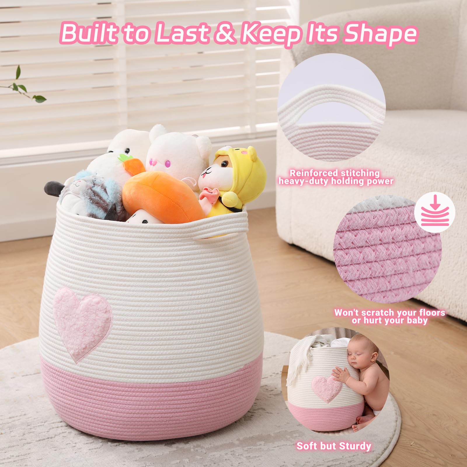 Grand panier de rangement en corde de coton (45 x 43 cm), panier à linge tissé et panier de rangement de jouets pour chambre de bébé, rangement de couvertures avec poignées, cœur rose