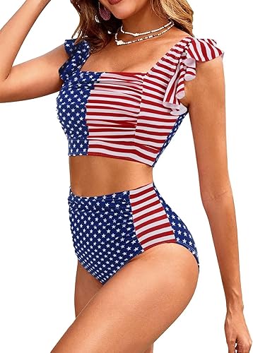 VIAURBE Womens Swimsuits Square Neck High Waisted Bikini Sets Ruffle Cheeky Tummy Control Solid Two Piece Bathing Suit American Flag M