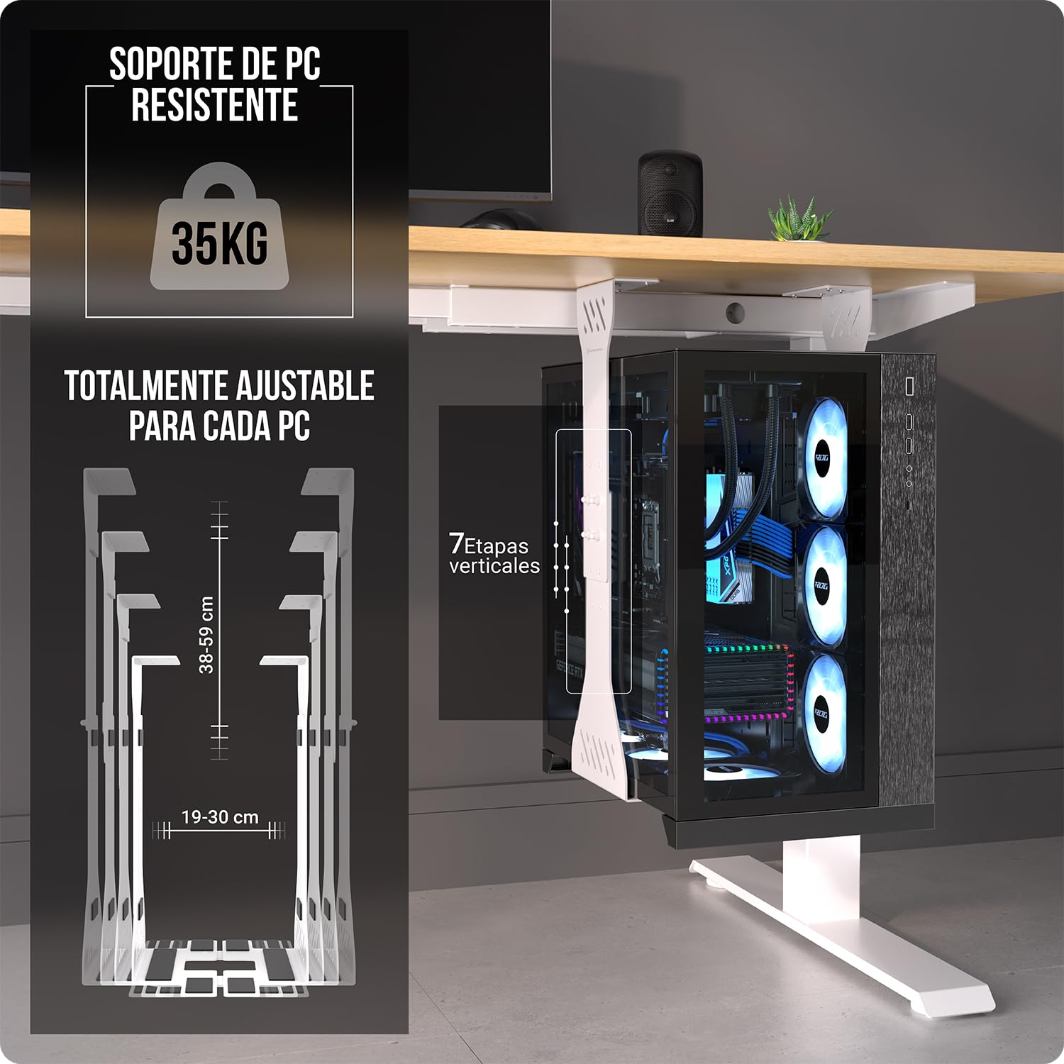 Soporte de CPU Ajustable bajo Escritorio - Soporte para Ordenador de Alta Resistencia bajo Escritorio - Capacidad de Carga de hasta 35 kg - Soporte Flexible para PC sobre Escritorio (Blanco)
