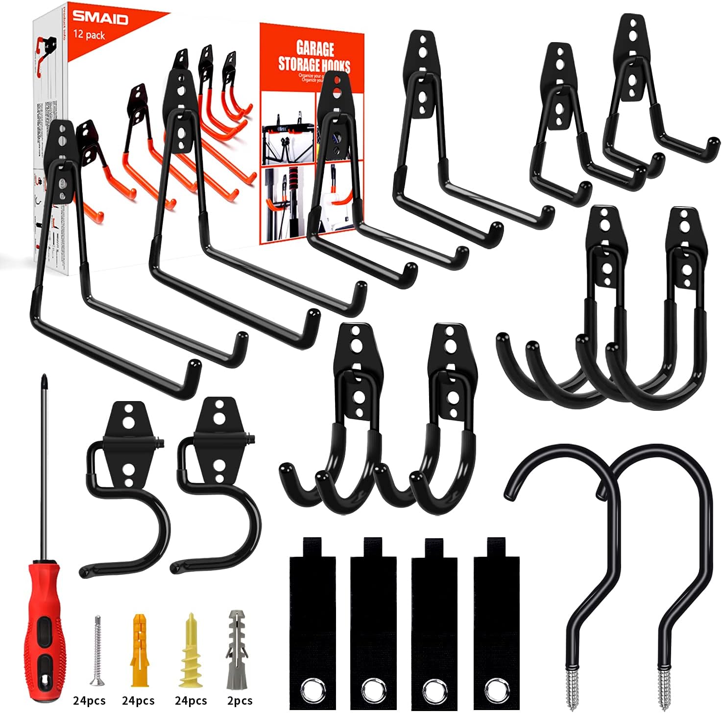 Garage Hooks, 19 Pack Heavy Duty Garage Storage Hooks Steel Tool Hangers for Garage Wall Mount Utility Hooks and Hangers with Anti-Slip Coating for Garden Tools Organizer, Ladders, Bikes, Bulky Items - - 