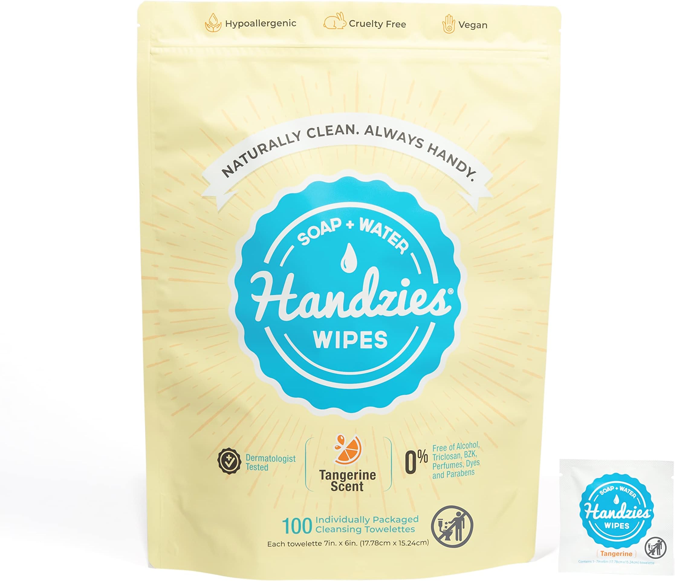 Handzies Natural Soap and Water Hand Wipes, Individually Packaged, Alcohol Free, Hypoallergenic, Tangerine Scent, 100 singles