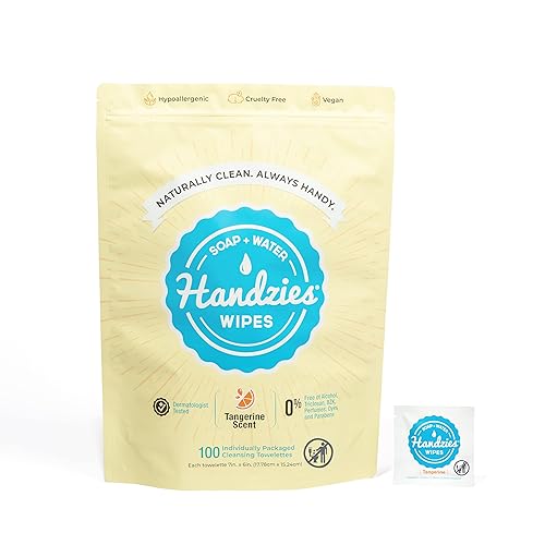 Handzies Toallitas de mano de agua y jabón natural, empaquetadas individualmente, sin alcohol, hipoalergénicas, aroma a mandarina, 100 unidades
