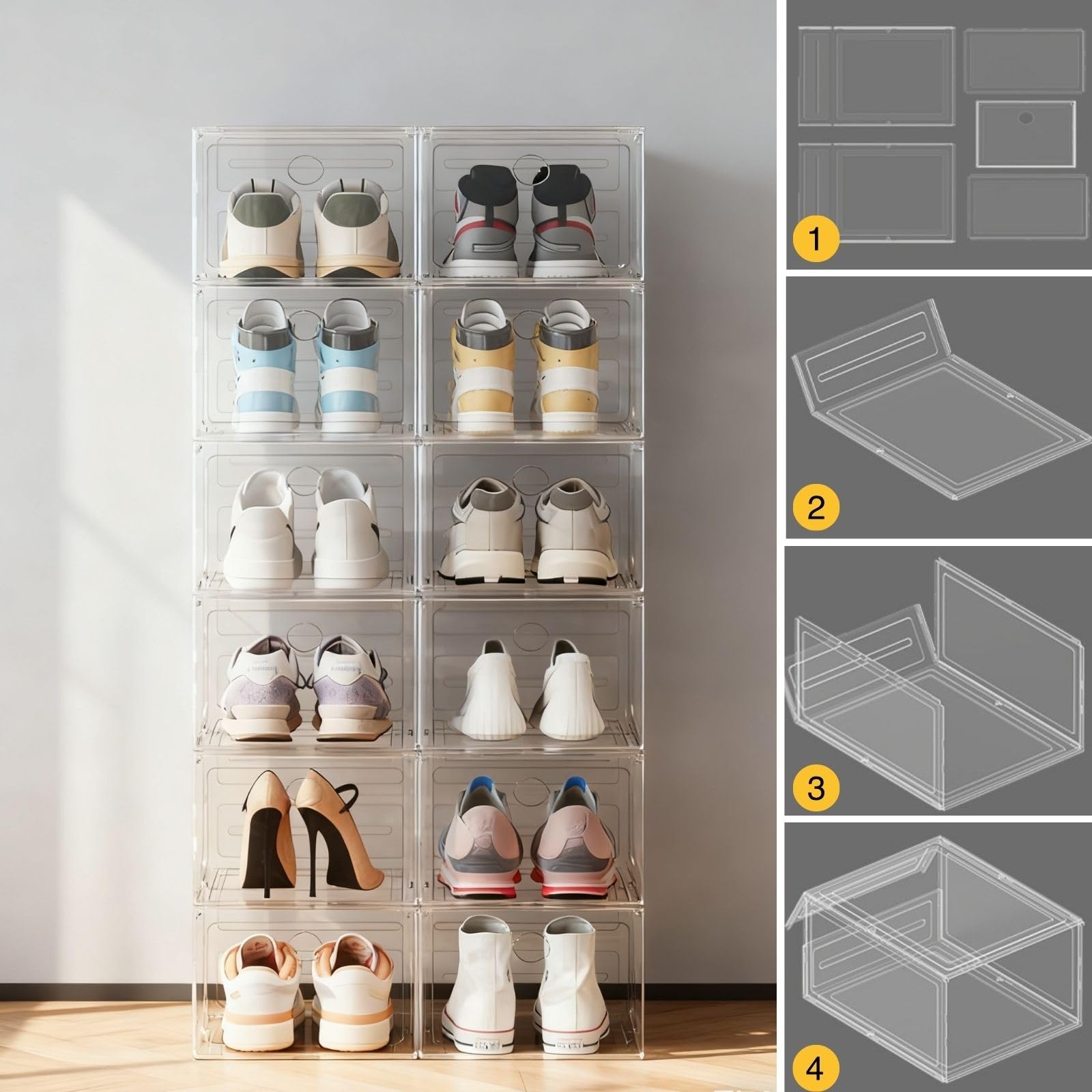 Generisch Schuhregal mit 12 Stapelbaren Schuhboxen Transparente Stapelbare Platzsparender Schuhorganizer Organisieren Hartplastik Schuhkartonmit Magnetverschluss Steckregal(White,12 pack)