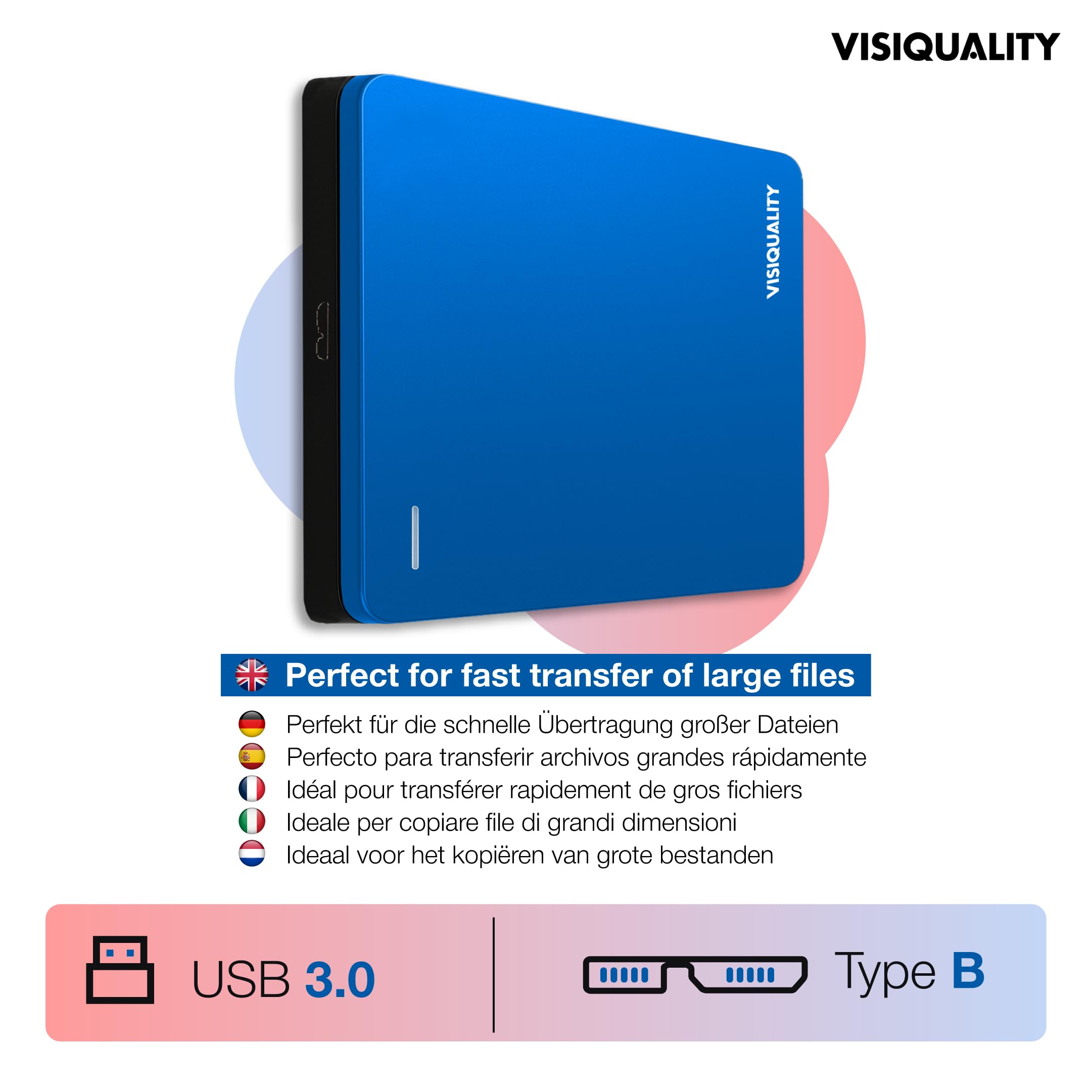 Hard disk esterno ad alta velocità, 1 TB, USB 3.0, compatibile con Windows e Mac, Plug and Play, per PS4 e Xbox, compatto, disponibile in 3 colori (blu)