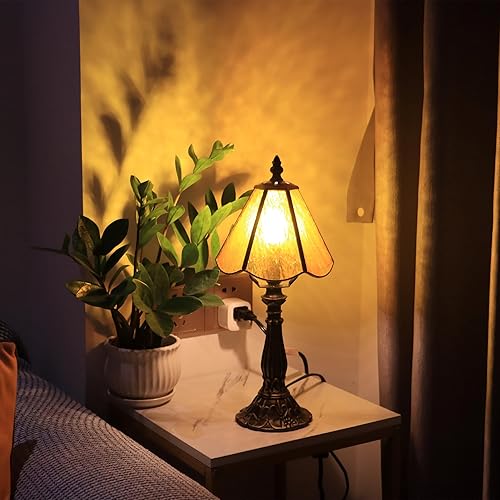 Miniatura 13 de Small Tiffany Table Lamp Grass Green Rippled Stained Glass Desk Lamps 6X6X14 Inch Bronze Resin Base Antique Mini Accent Light Grass Green
