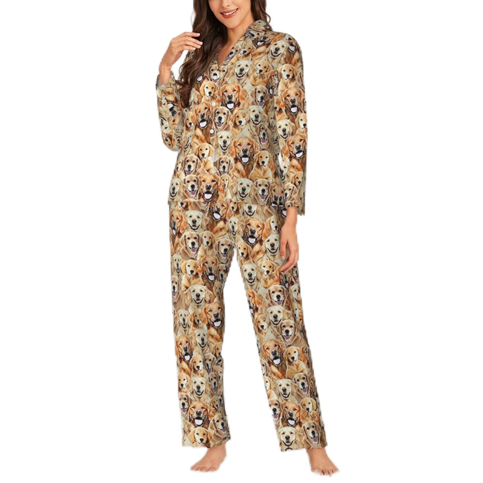 Yyoretp Women's labrador retriever Dogs Print Long Sleeve Pajamas Button Down 2 Piece Pjs with Pockets,Warm Sleepwear Black