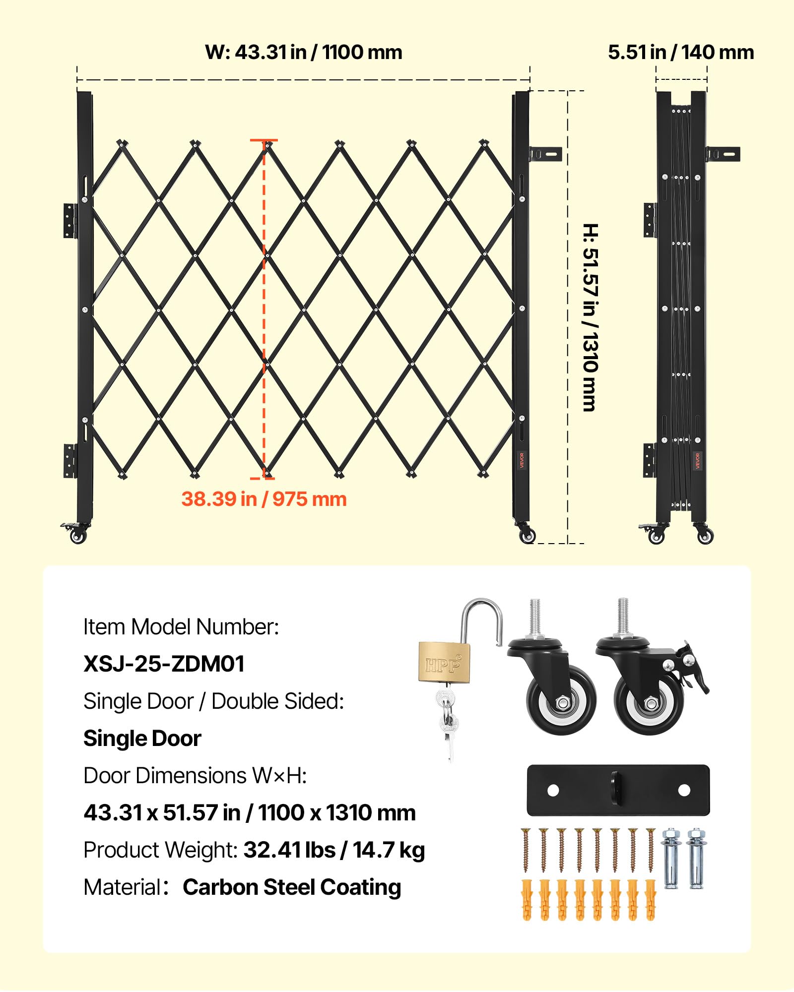 VEVOR Cancello di Sicurezza Pieghevole Singolo 1100 x 1310 mm Cancello a Forbice Bloccabile in Acciaio per Esterni, con Ruote Girevoli a 360° per Sicurezza di Ingressi, Garage, Magazzini e Piscine