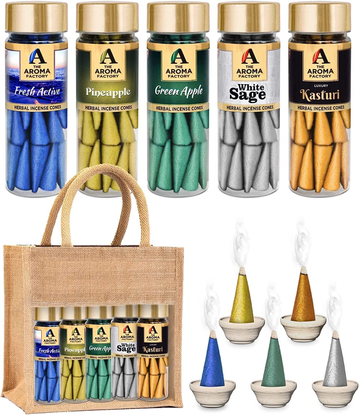 The Aroma Factory Incense Cones For Dhoop Pooja (Green Apple, Pineapple, Fresh Active, White Sage & Musk Kasturi) 0% Charcoal Herbal Cone With Jute Bag, 100G X 5 Bottles