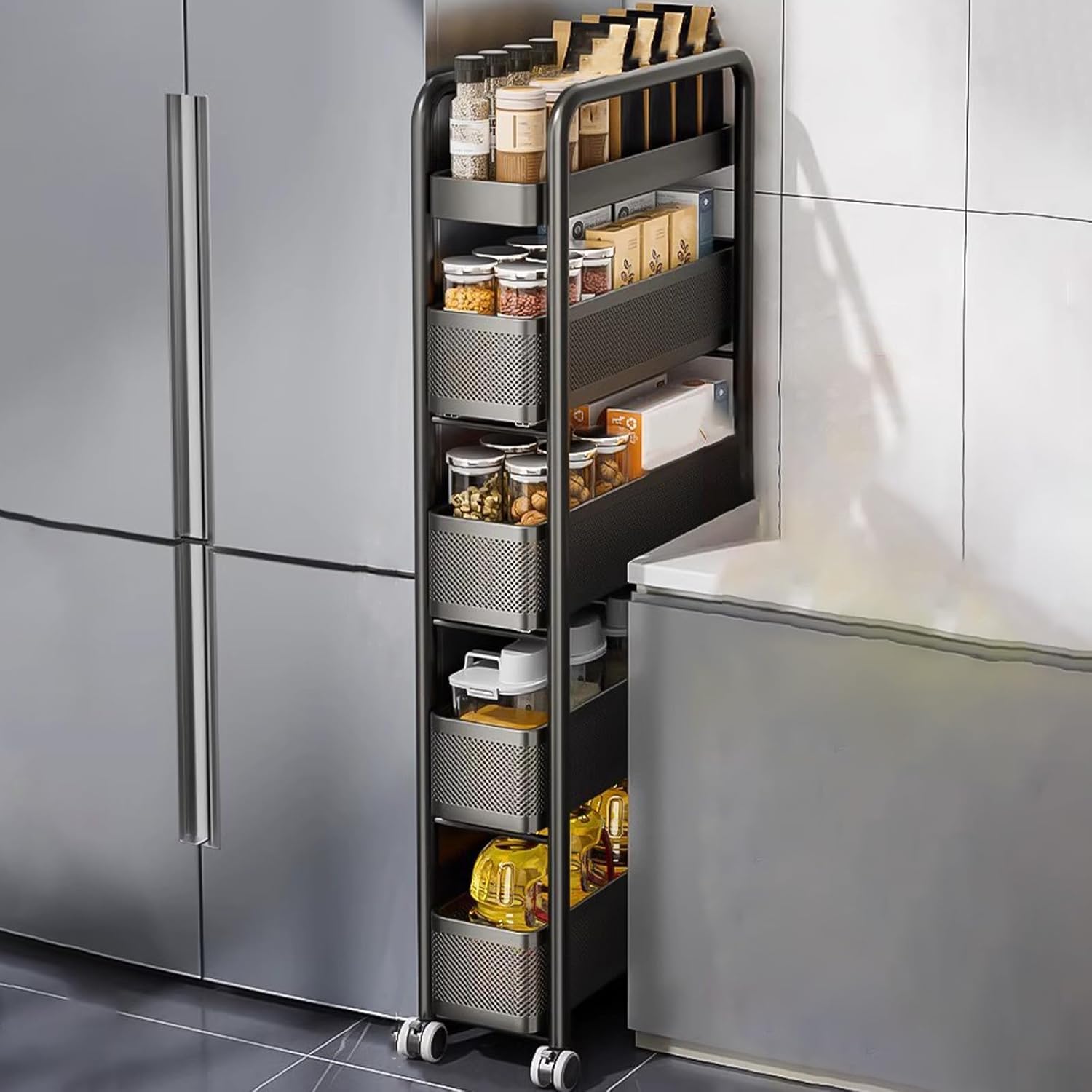 Narrow Slim Storage Unit - Space-Saving Tall Bathroom Trolley on Wheels - Versatile Slim Storage Cabinet for Bathroom Kitchen & Tight Spaces,