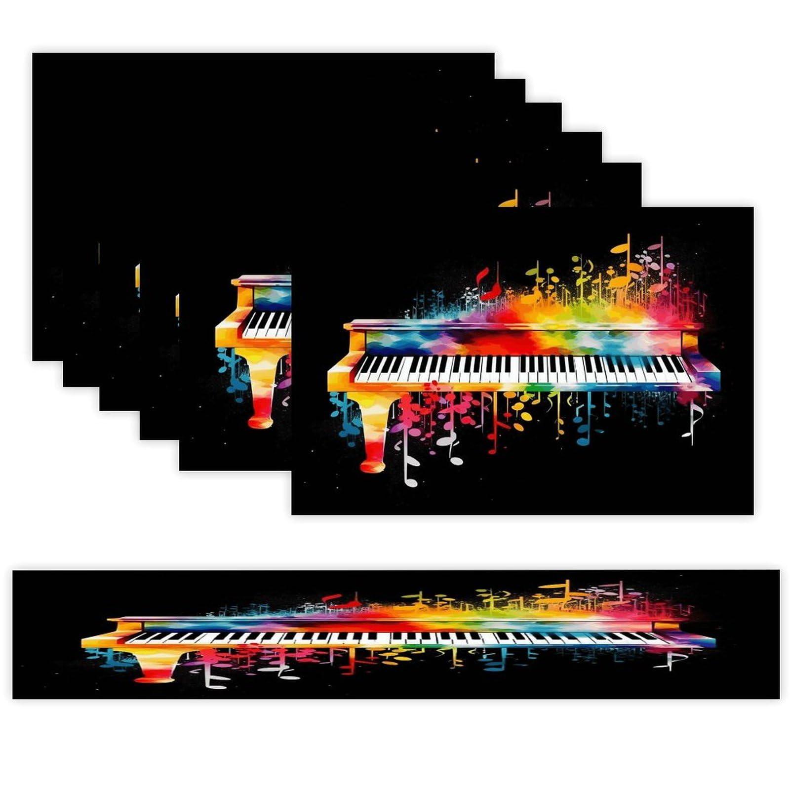 Colorful Piano Keyboard Music Note Table Runner and Placemats Set of 6 for Kitchen Washable Table Mats Heat Resistant Place Mats Non-Slip Place Mat Wipeable Placemat(6 Placemats+1 Table Runner)