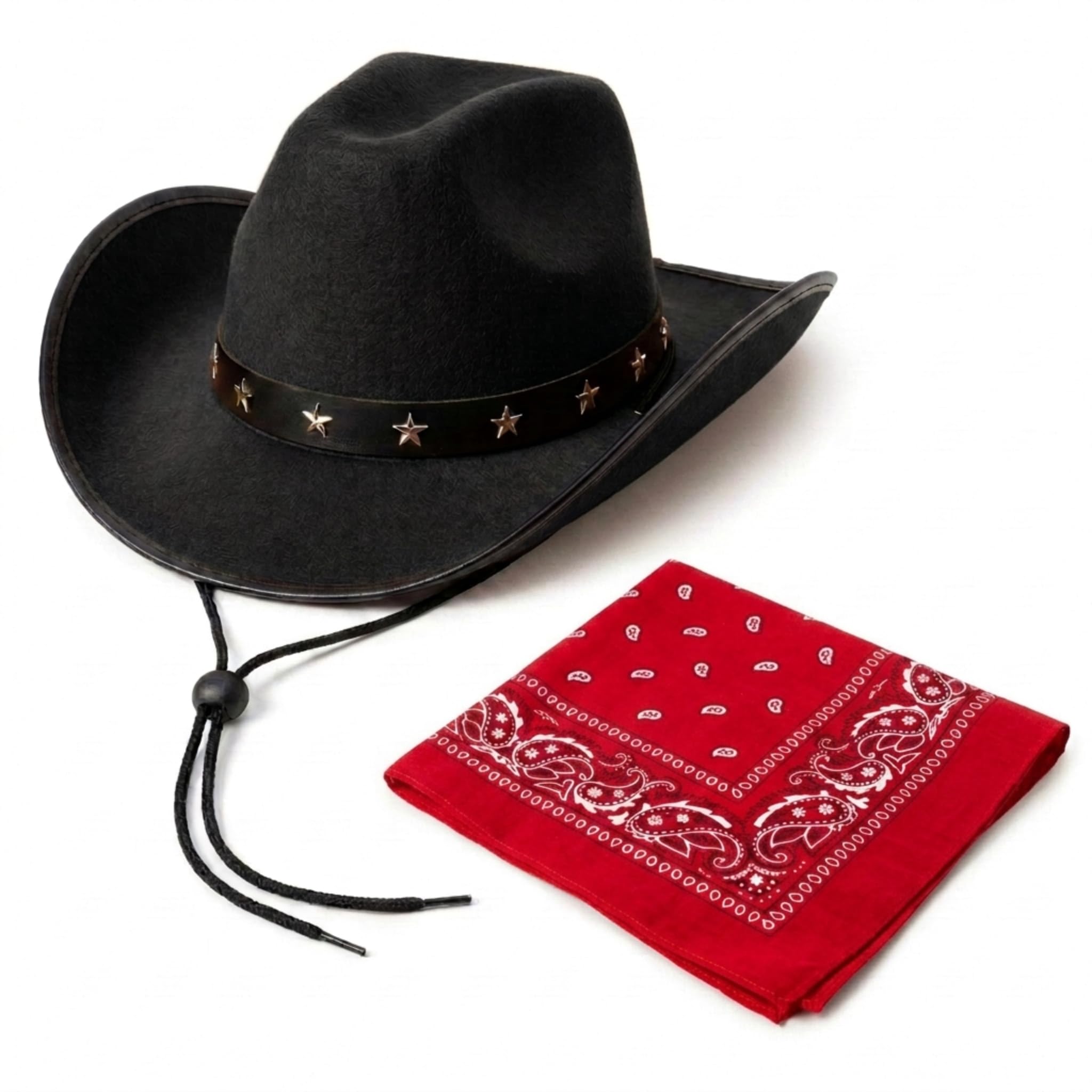 2pc Black Cowboy Hat and Bandana Set - Black Cow Boy Hat with Star Studs and Western Cowboy Neckerchief for Wild West Fancy Dress - Adult Cow Boy Accessories for Country and Western (Red)