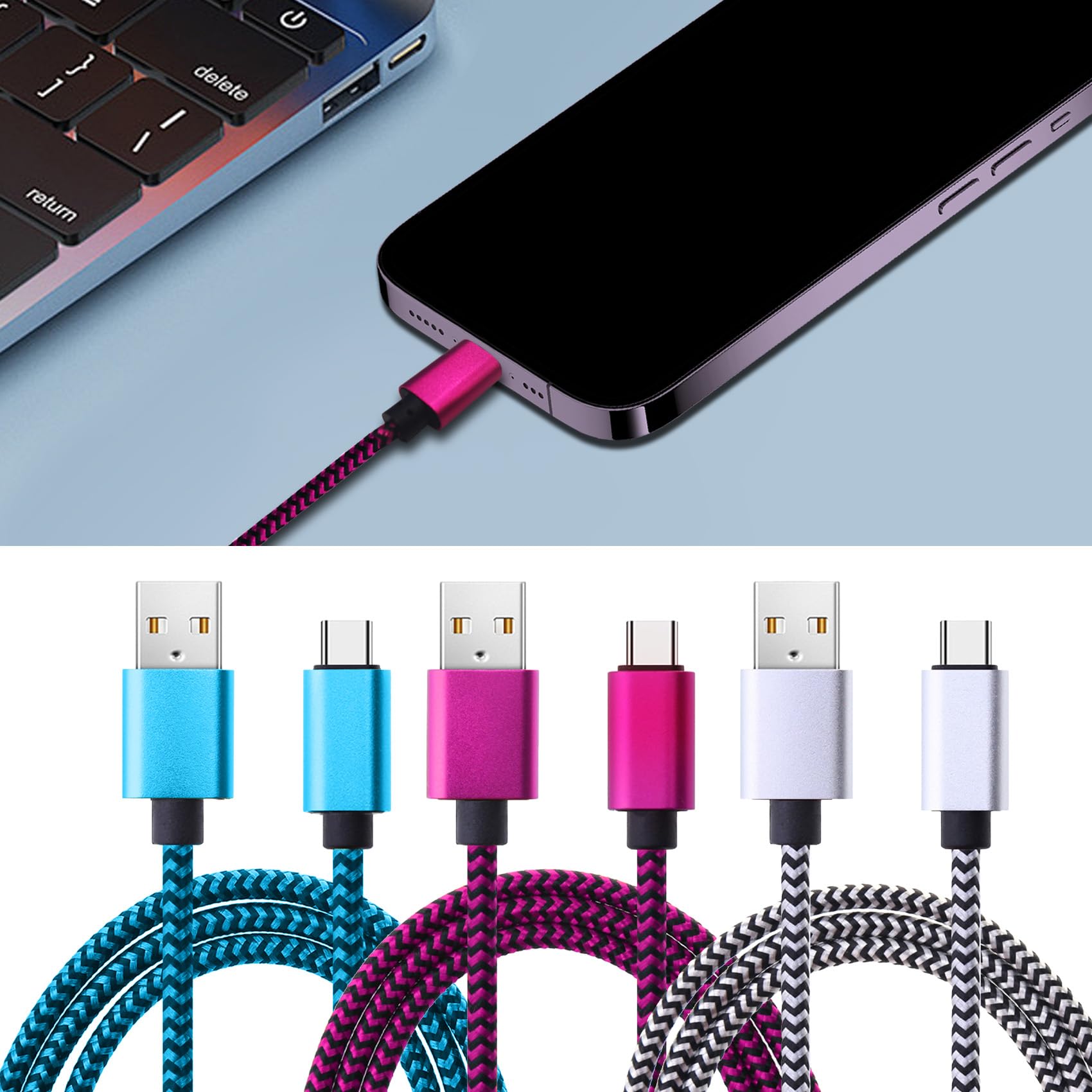 WINUERK 3PCS Type C Charger, Braided Charge Cord, 2.4A USB Type C Cable Car Fast Charging Cord, 3.3FT USB C Charger Cable Universal for Samsung A15 5G A14 5G, Google Pixel 8 Pro 8 7a 7 Pro 6 6a