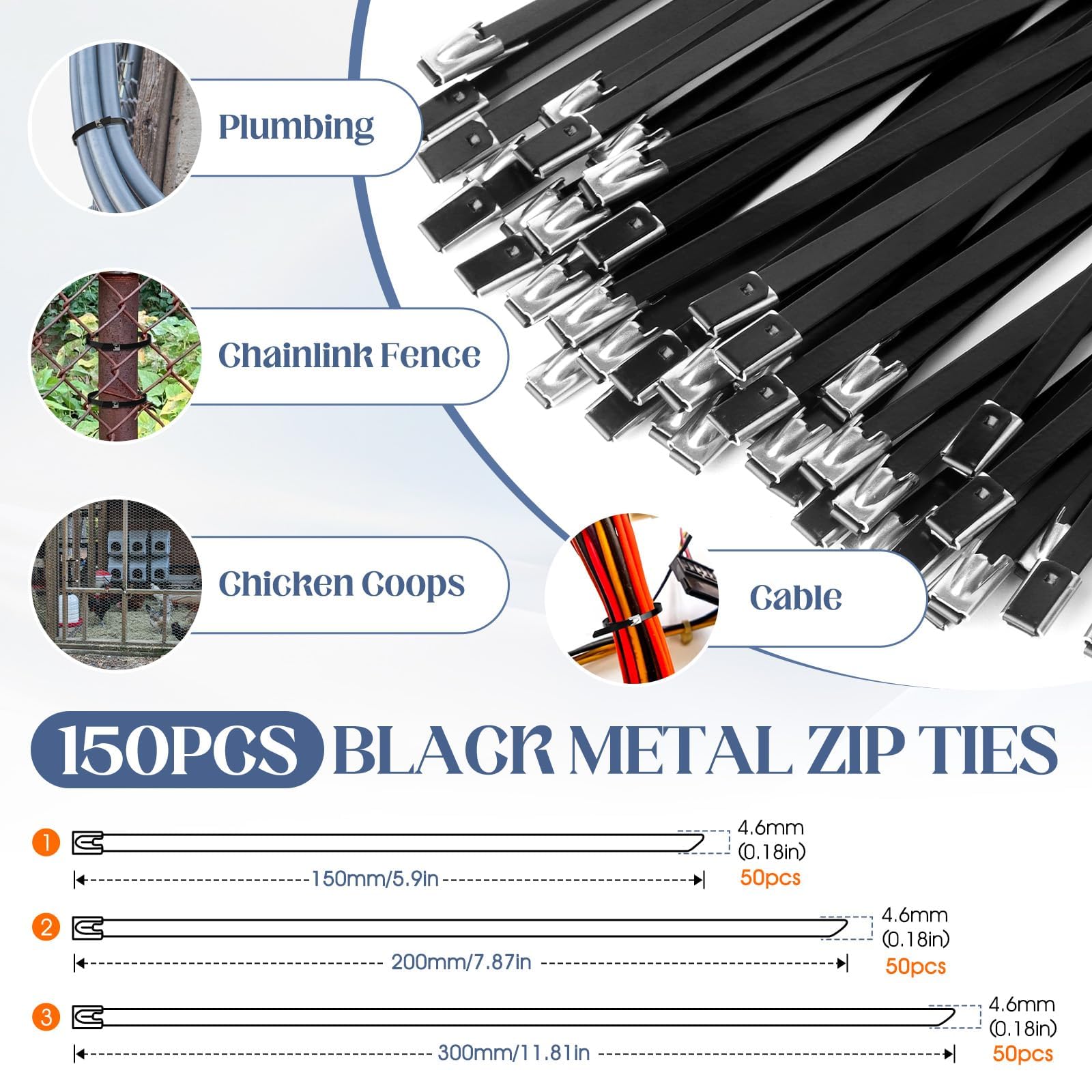 Juego de bridas de metal para cables de acero inoxidable con 150 correas de metal negro resistentes para exteriores, kit de herramientas de corte para valla de malla de alambre