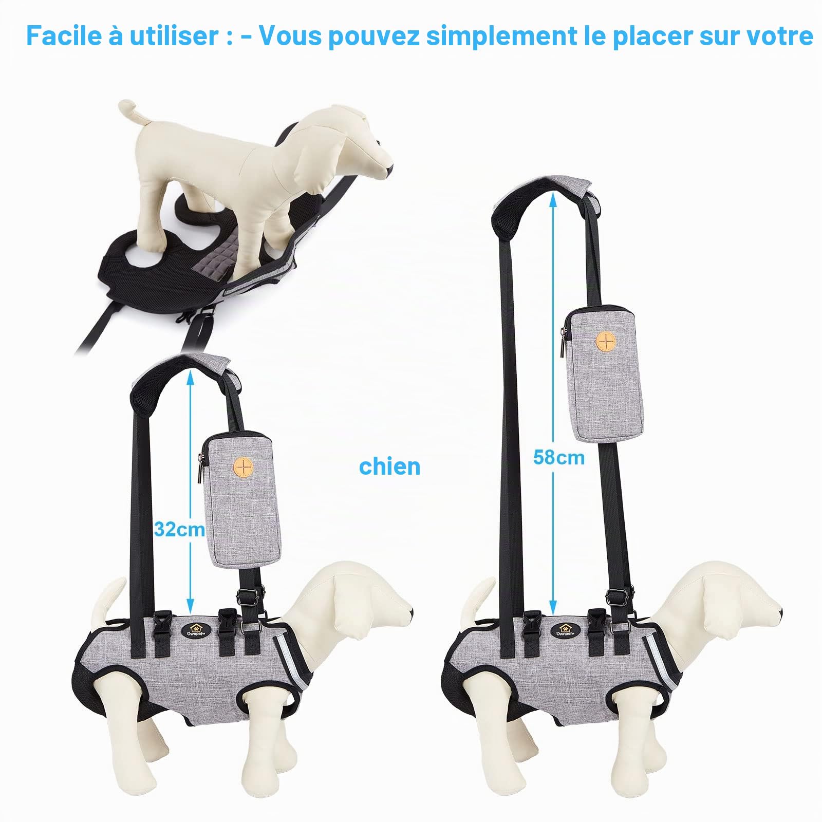 Ownpets Harnais de Levage pour Petit Chien, Serviette de Transport pour Petit Chien, Harnais Complet pour Tout Le Corps, Sac de Transport avec bandoulière, Doux, imperméable, réglable, Gris,S