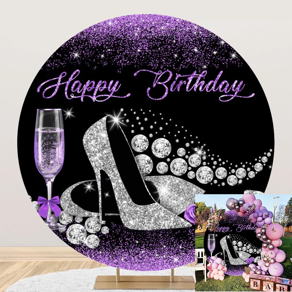 Leyiyi 7.5x7.5ft Glitter Purple Black Happy Birthday Round Backdrop Cover for Women Birthday Party Shiny Silver High Heels Champagne Rose Bling