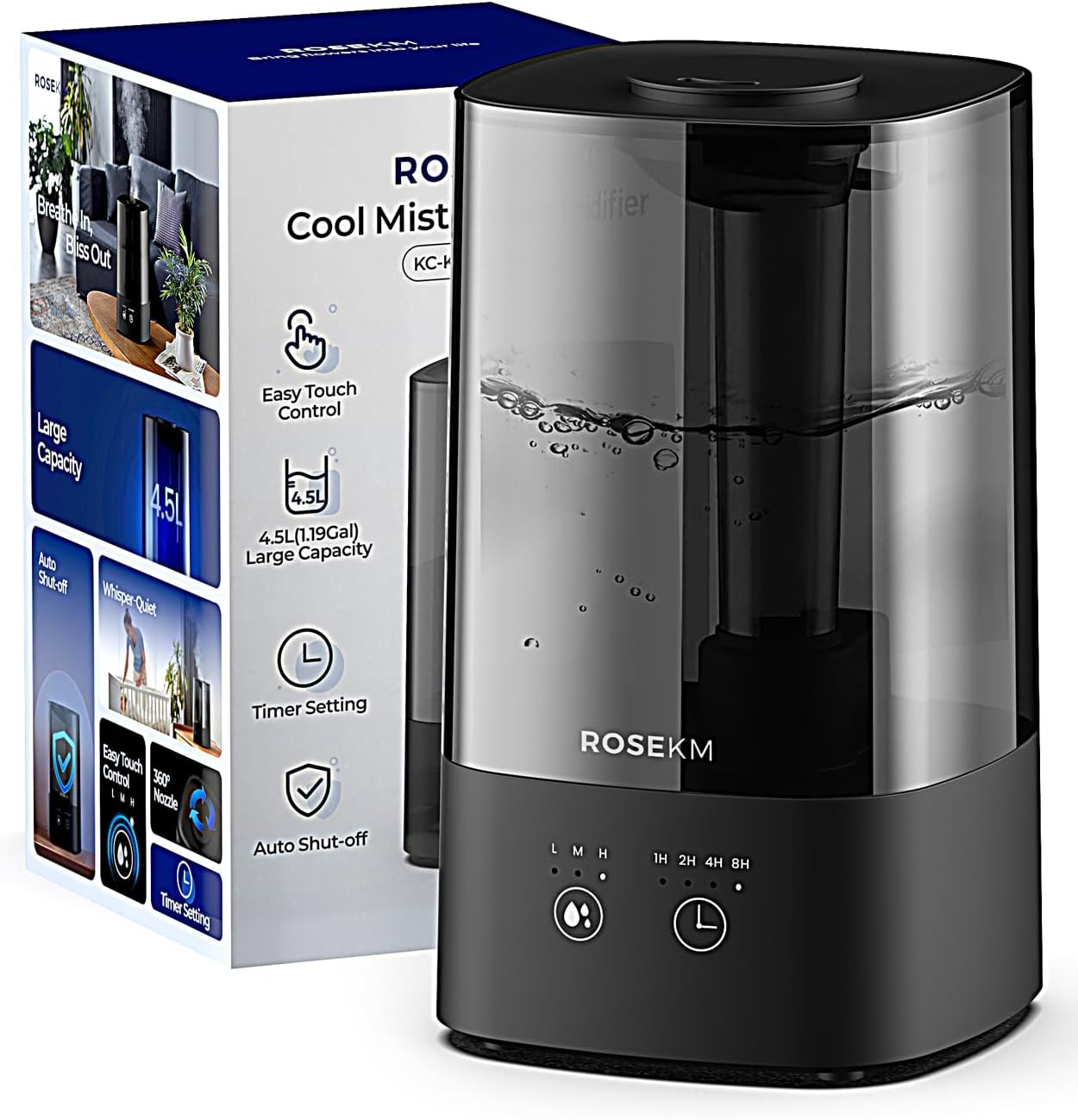 Rosekm® Bedroom Humidifiers: Cool Mist for Home Plant, Baby Nursery. Quiet, Filterless, Auto Shut-Off, Black.