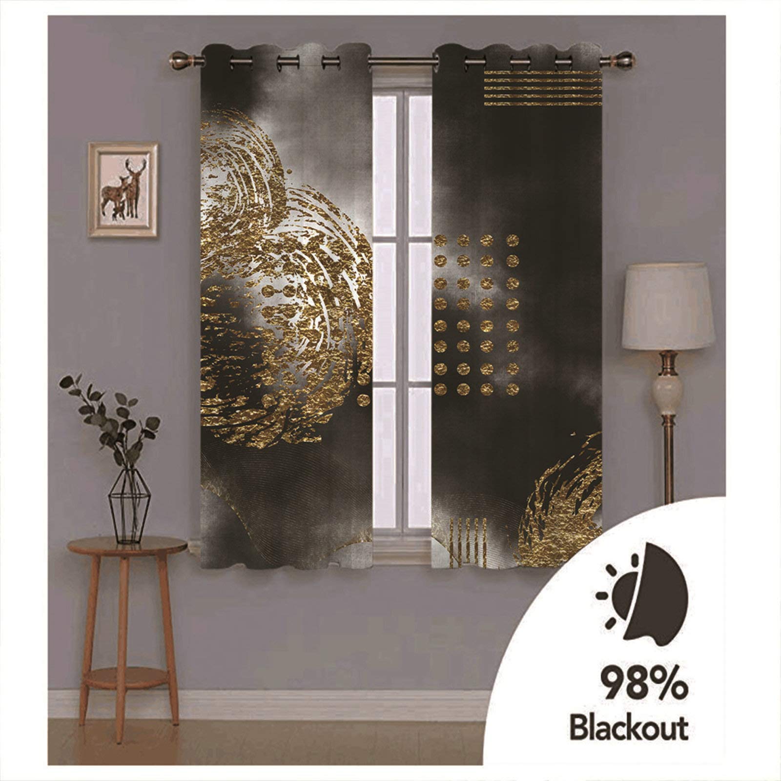Daesar Rideau 2 Pieces Rideau Placard Chambre Peinture Art Abstrait Rideaux de Salon Moderne 137x138CM Rideau Fenêtres Or Gris
