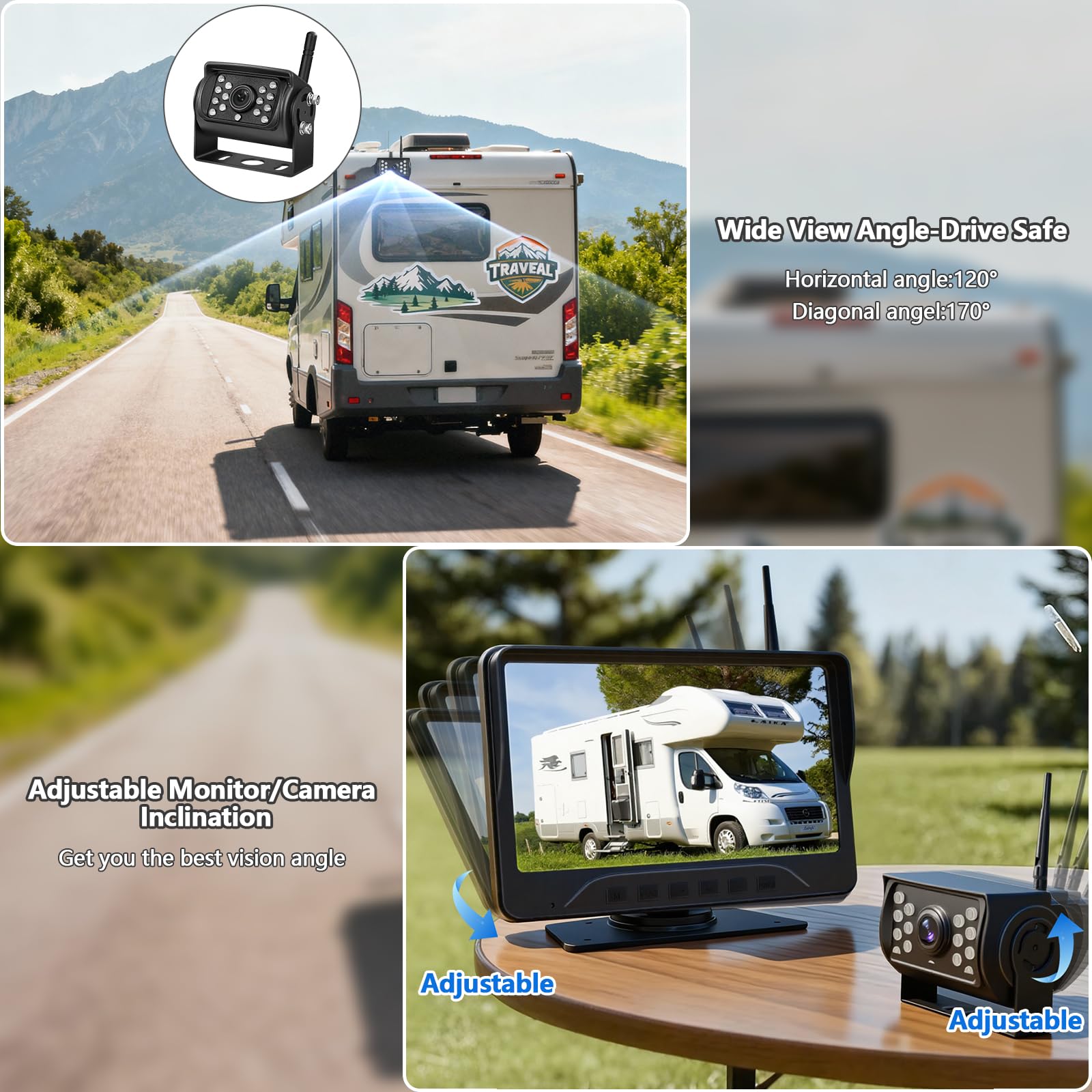 Digitales Rückfahrkamera Set VASTEND 7'' Rückfahrkamera Funk Kabellos mit 14 Infrarot LEDs, IP69 Wasserdicht LKW Kamera Kabellos, Klares Bild für Transporter, Wohnmobile, Wohnwagen, Camper(VE-7C)