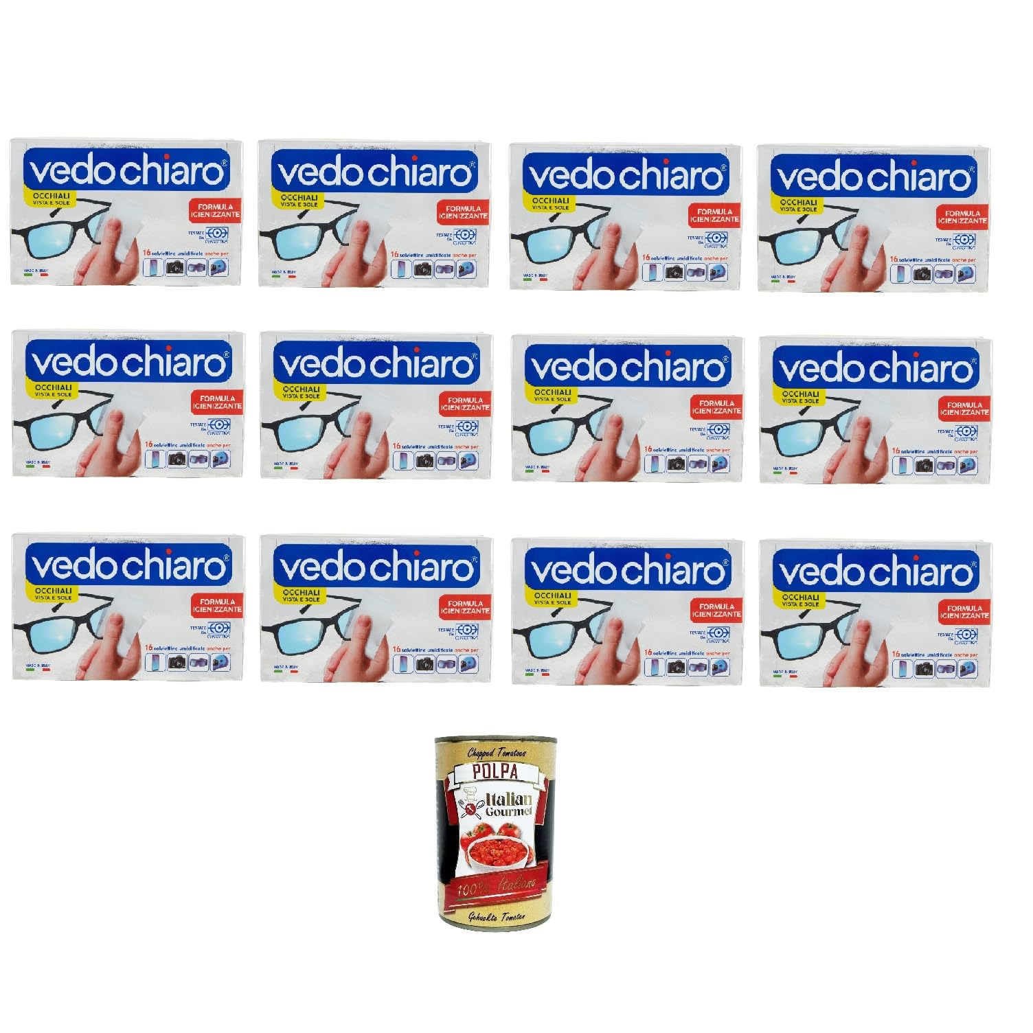 Vedochiaro Occhiali - Limpiador de cristales (16 toallitas, 12 paquetes, incluye polpa italiana)