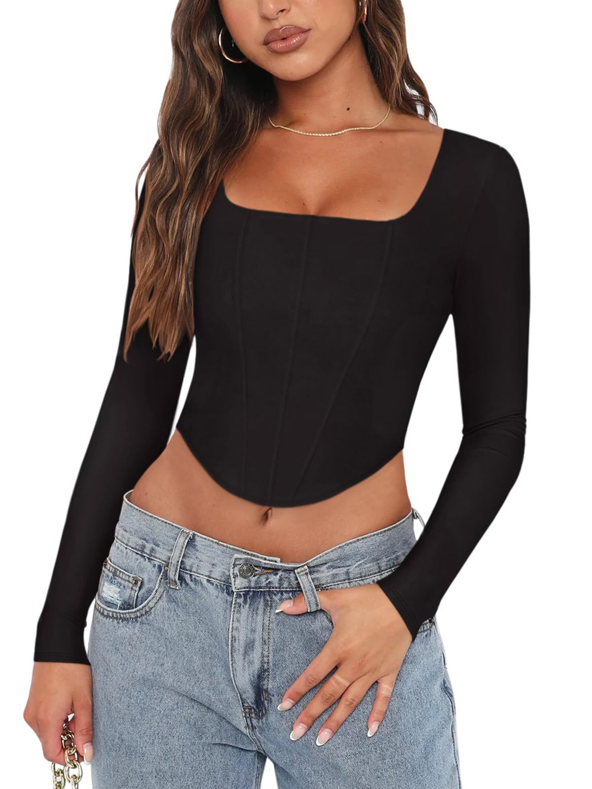REORIA Womens Trendy Sexy Square Neck Long Sleeve Backless Y2K Going Out Boned Bustier Corset Crop Tops