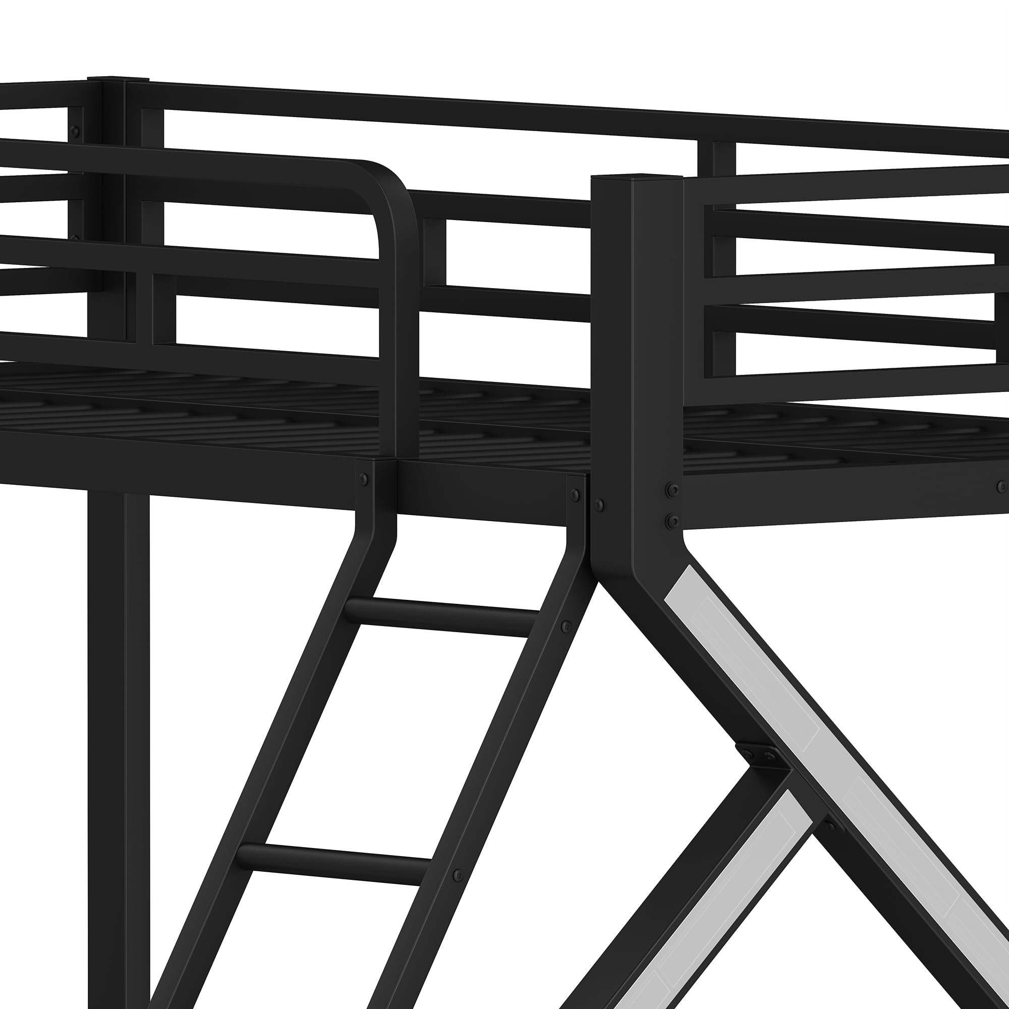 Litera con LED para niños y adultos, cama infantil con barandilla y escalera, hierro 90x200+140x200 cm, negro