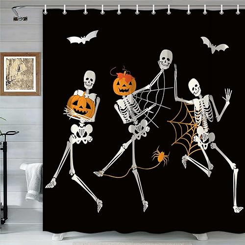 Divertida cortina de ducha de esqueleto de calavera de Halloween, calabaza, murciélago, araña, decoración de baño, juego de cortinas de tela negra disponible en Yaxa Costa Rica