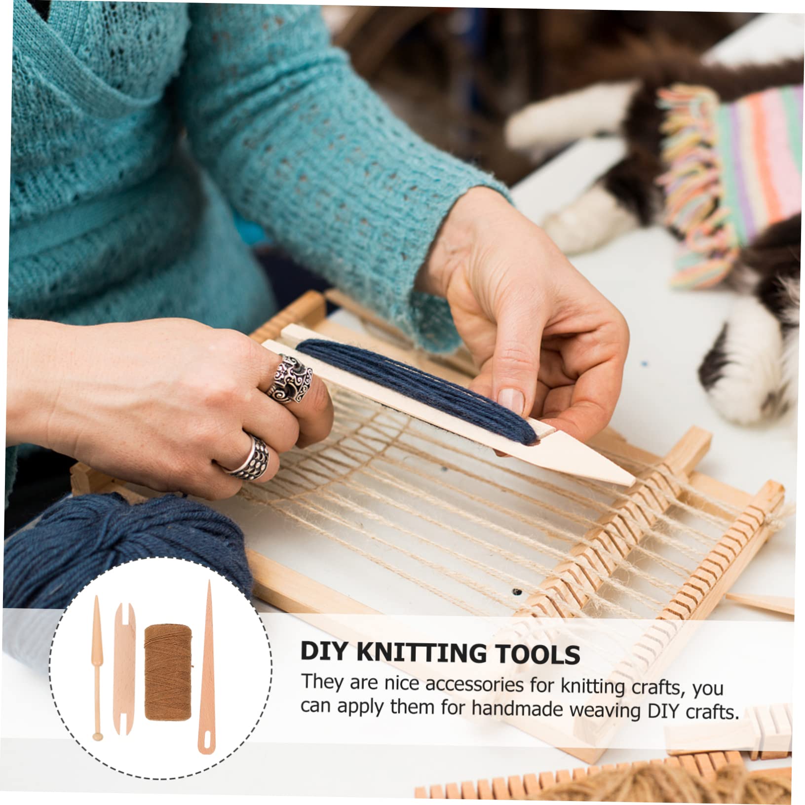 TEHAUX Weaving Shuttle Stick Knitting Cotton Tread 1 Set DIY Knitting Tools Complete Accessories