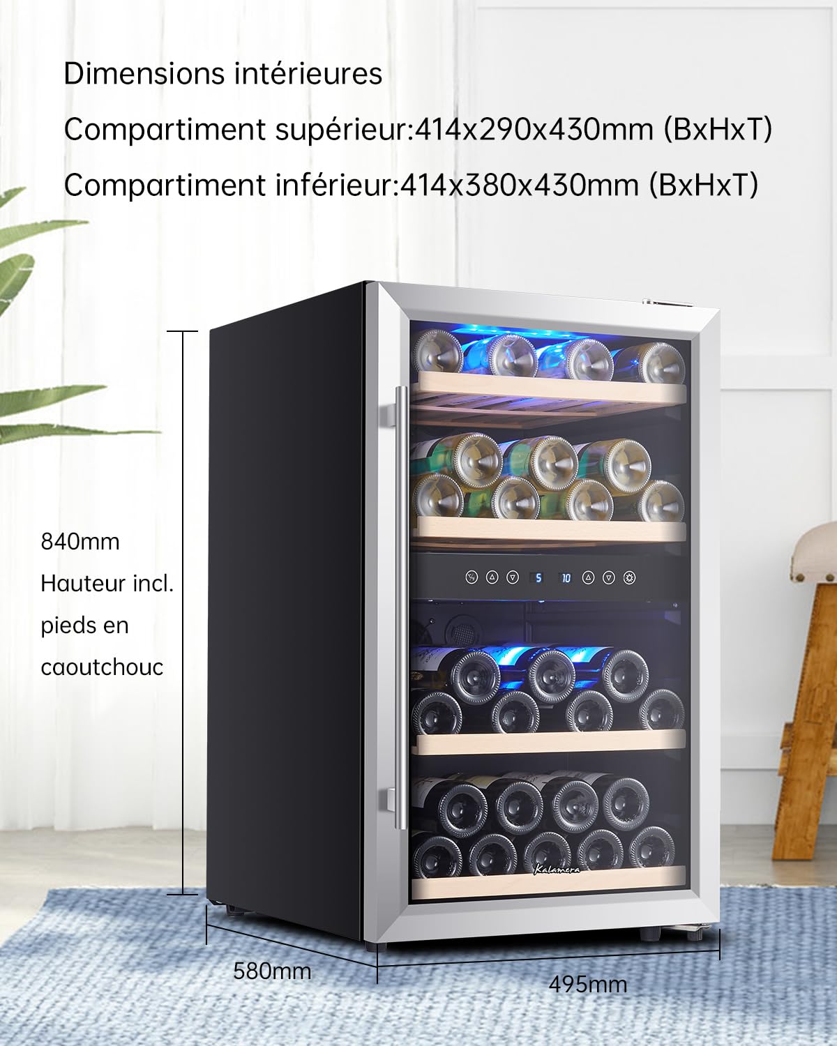 Kalamera KRC-45BSS Vinoteca, dos Zonas Vino temperier Armario, 5 – 10 °C/10 – 18 °C, 45 Botellas,120 L, acero inoxidable Puerta de Cristal, compresor, independiente