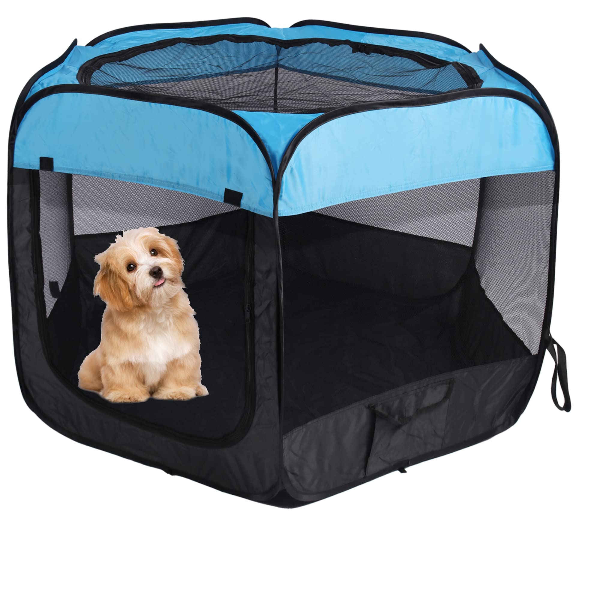 Portable Dog Playpen Cat Tent,Pop Up Playpen for Small Middle Dogs Cats Pet Tent Playground,Indoor Outdoor,37x37x24,Blue/Black,1Pack