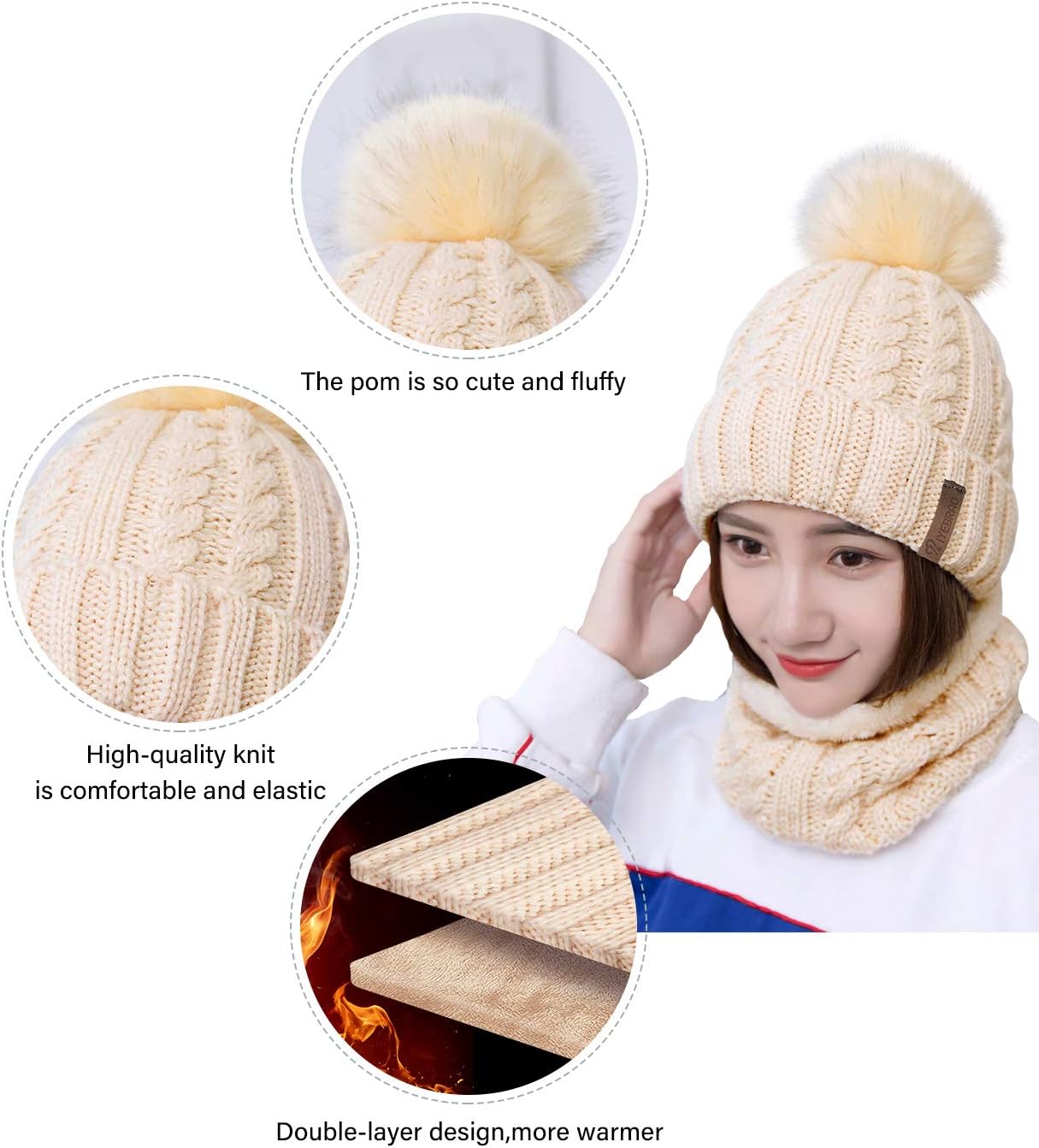 IYEBRAO Womens Winter Knit Beanie Hat and Scarf Set Girls Cute Slouchy Thick Fleece Lined Ski Hat Warm Skull Cap with Pom - Image 3