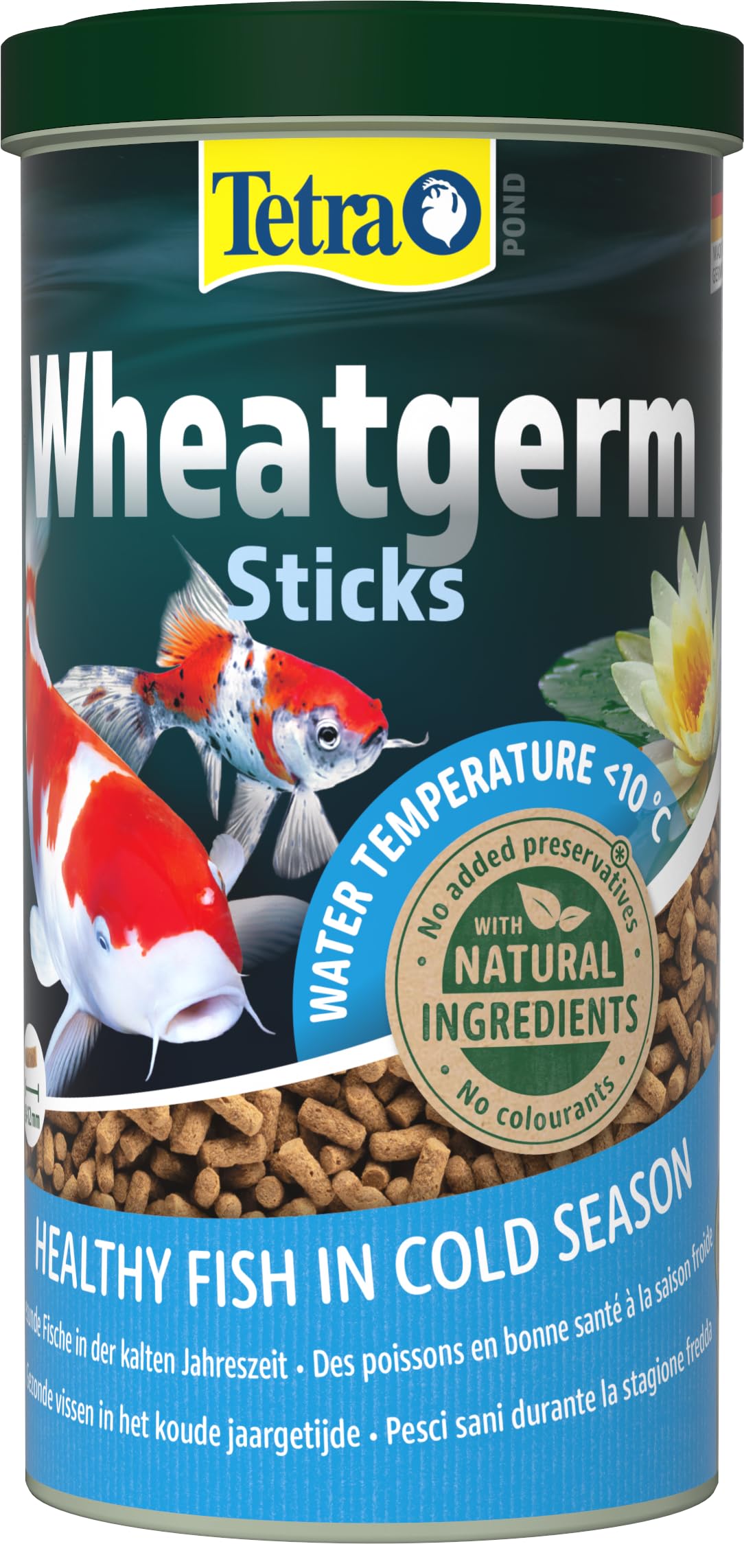 Tetra Pond Wheatgerm Sticks, Alimento rico en fibra para todos los peces de estanque, especialmente adecuado para temperaturas de agua frías (primavera, otoño), lata de 1 L