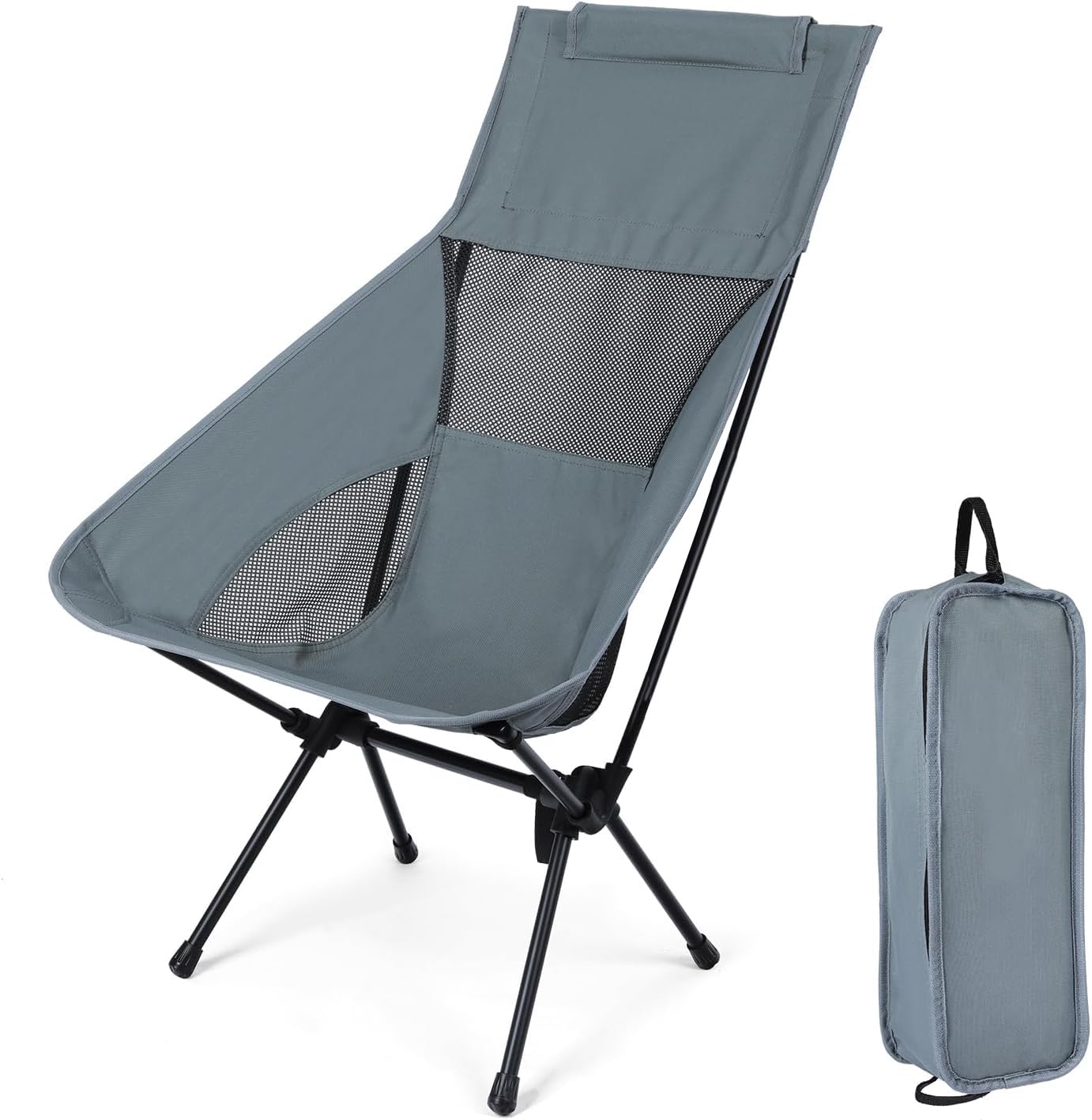 Hcosmy High Back Camping Chair for Adults Heavy Duty, Outdoor Picnic Foldable Chair with Carry Bag, Portable Folding Chairs with Breathable Mesh and Headrest for Hiking BBQ Travel Beach (Grey)
