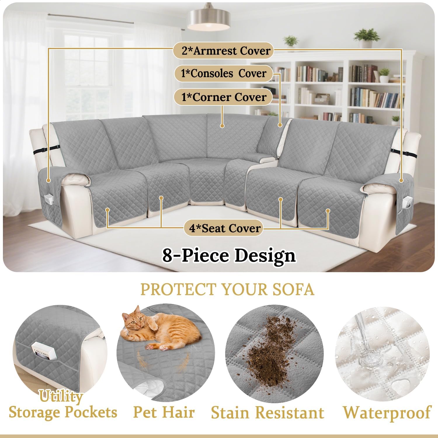 HDCAXKJ 100% Waterproof Velvet Recliner Sectional Couch Covers L Shaped Corner Reclining Sofa Cover Washable Thick Non Slip Sectional Slipcover with Pockets (5 Seat and 1 Middle Console, Silver Gray)