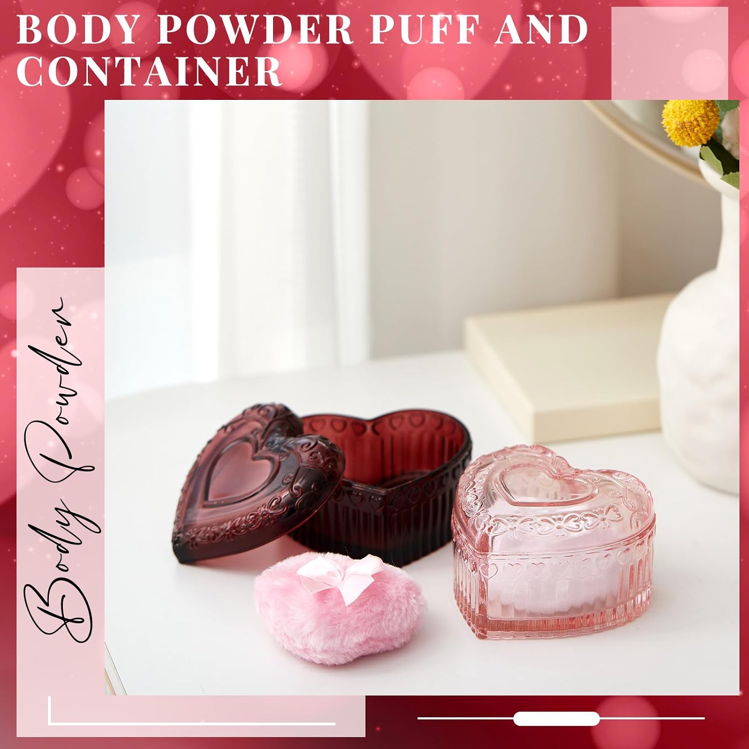 Tioncy 4 Pcs Large Body Powder Puff and Container Extra Large Body Powder Puff Dish Soft Washable Reusable Fluffy Makeup Sponge Wet Dry (Heart,Pink and Red)