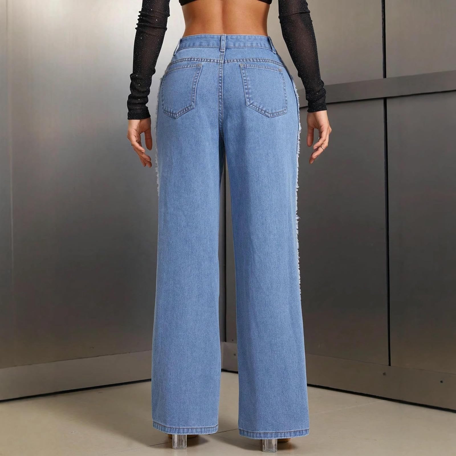Jeans da Donna Moda Strappato Dritto Sciolto Denim Pantaloni Casual-Blu-l