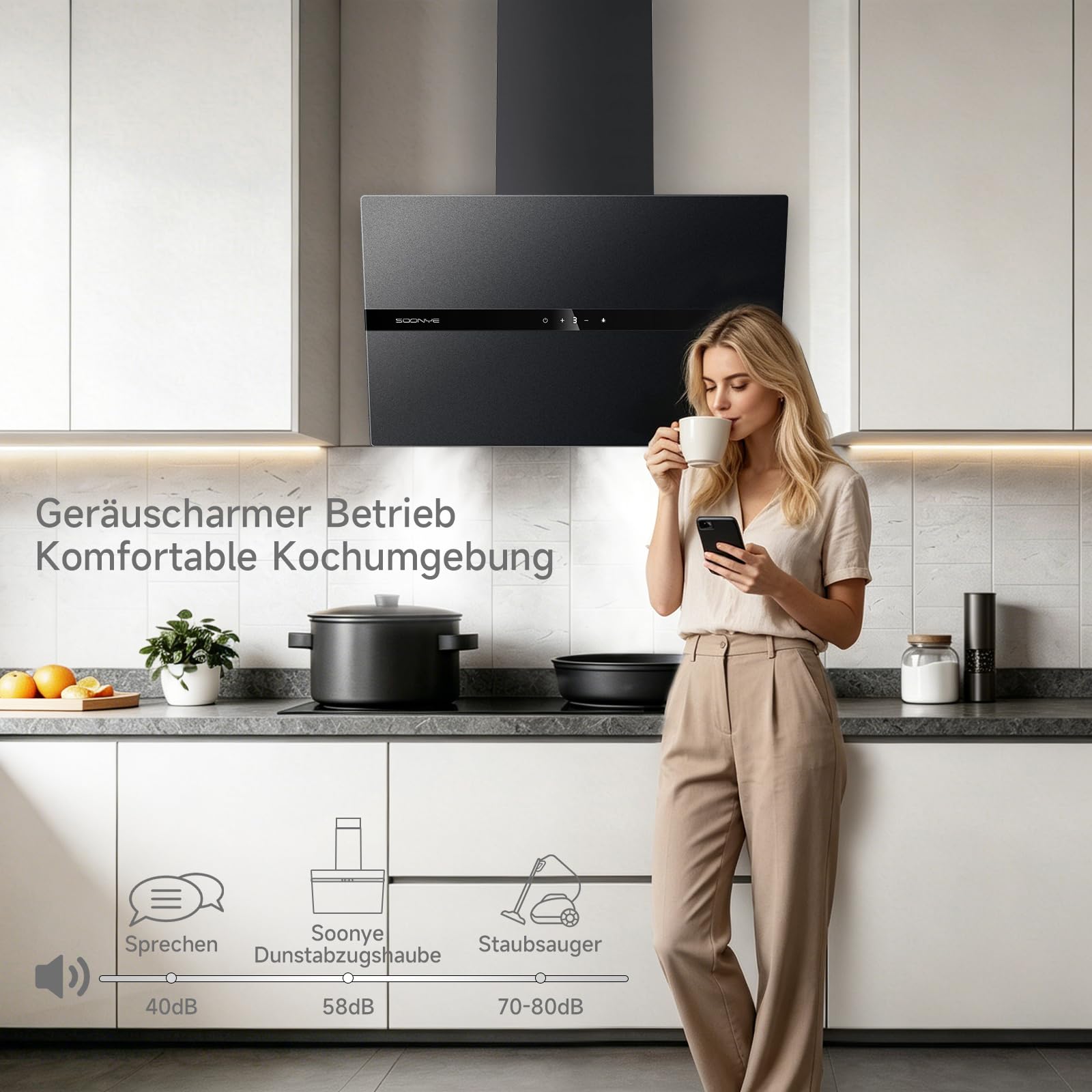 A+++ Dunstabzugshaube 60cm Umluft,Kopffrei Schräghaube 700 m³/h,Gestensteuerung,Touchscreen,Abluft Wandmontage Wandhaube Abzugshaube,Schwarz Mattglas Kopffreihaube