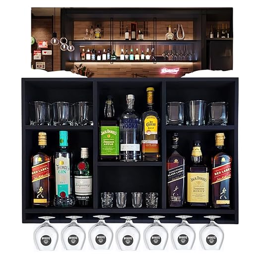 Adega Vinhos De Parede Madeira MDF Porta Taças Bar Barzinho MDF Preto Fosco