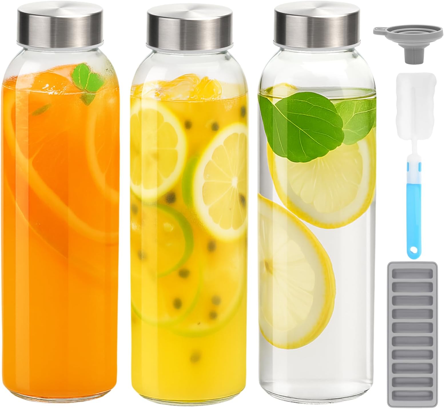 Glass Water Bottles with Lids 24 oz, 3 Pack Reusable Juice Bottles With Stainless Steel Airtight Cap for Juicing, Leak Proof Clear Drinking Jar Beverage storage container for Fridge, BPA Free