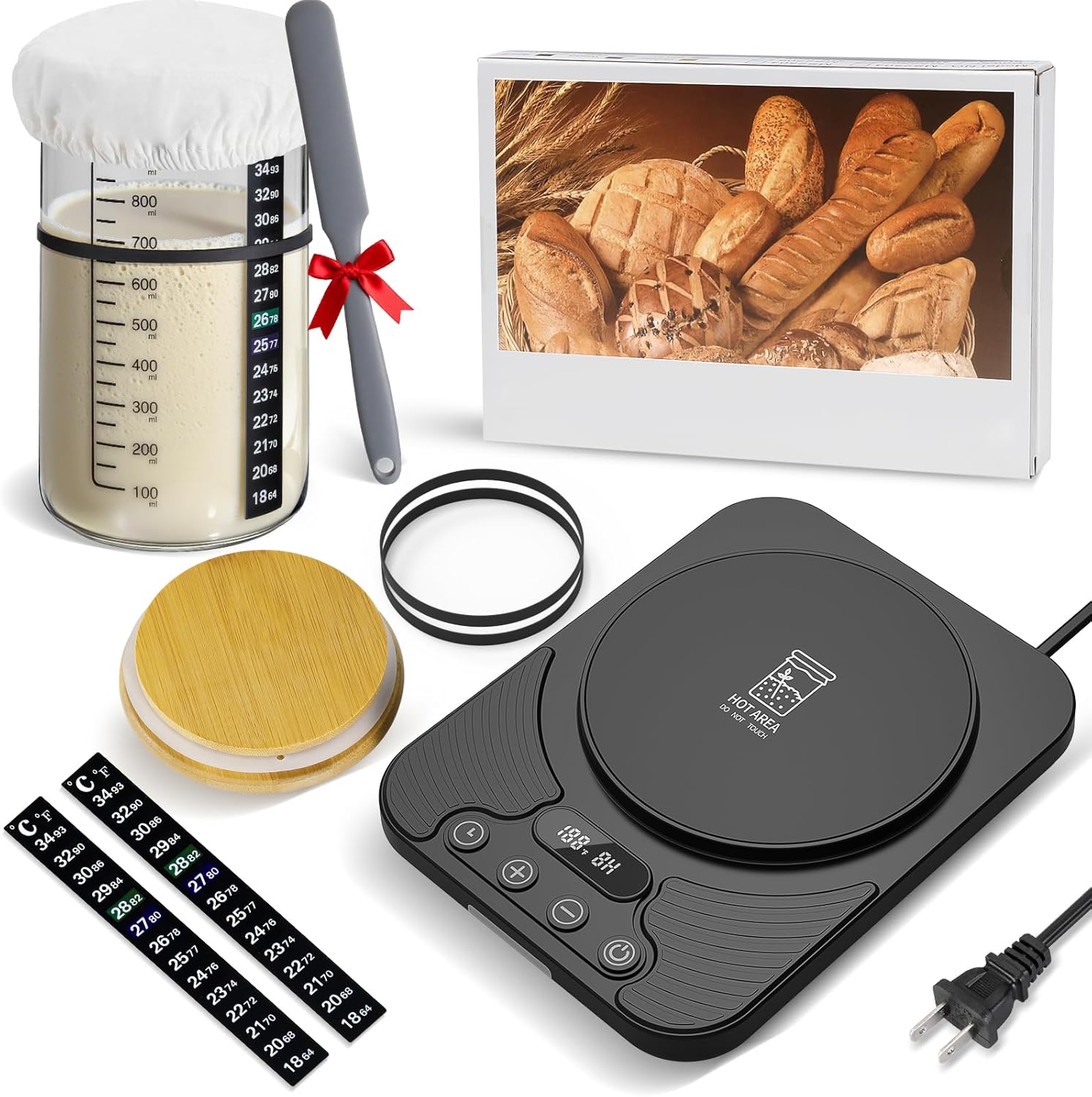 Sourdough Starter Warmer Kit with 34oz Glass Jar & Thermometer - 24H Timer Auto ON/OFF, 1°F Control (70-100°F), Smart Warming Memory, Sour Dough Bread Starter Heater Accessories, Home Baker Tool Gifts