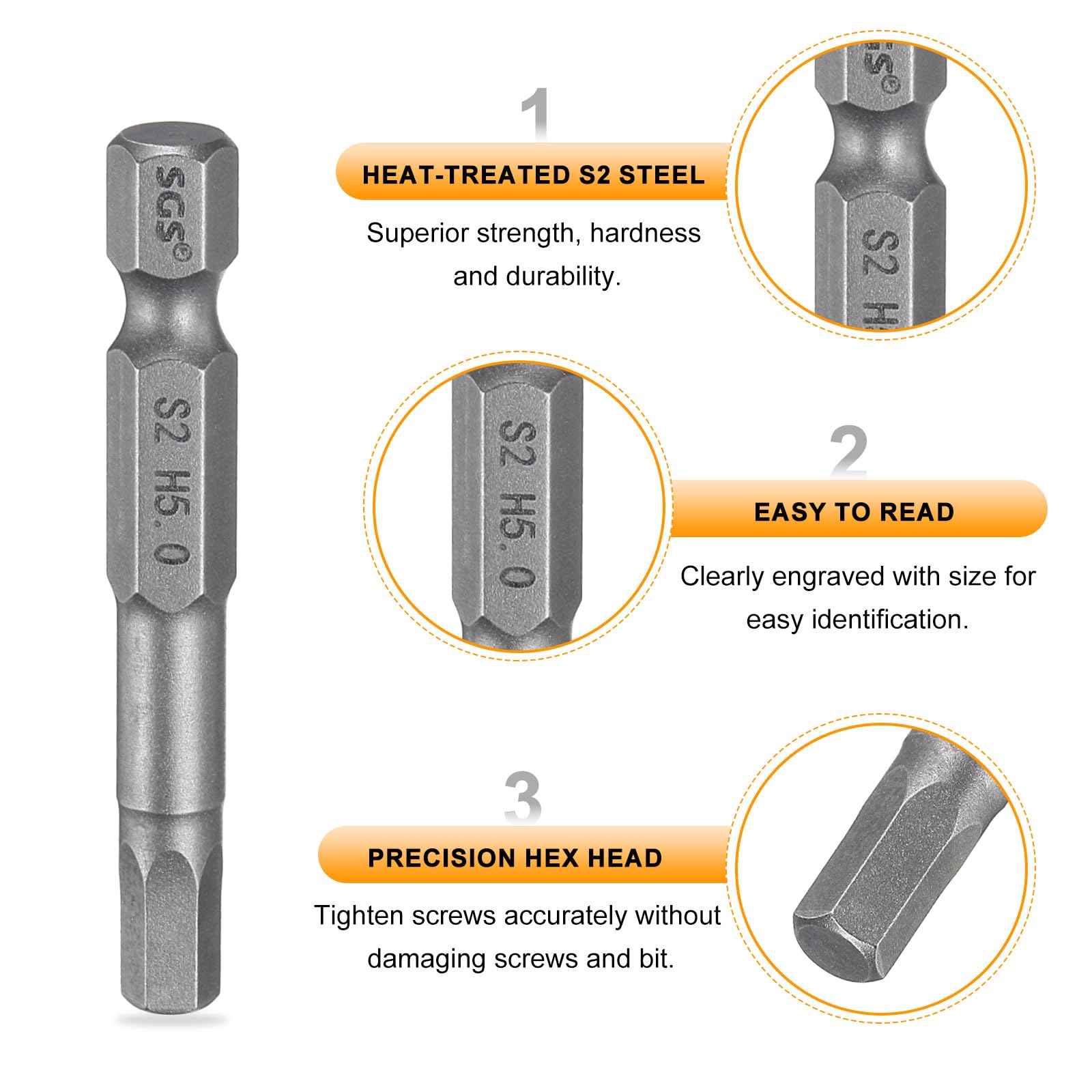HARFINGTON Juego de 3 brocas de cabeza hexagonal H5.0 de 5 mm, punta plana métrica de 1/4 pulgadas, vástago hexagonal de 50 mm de largo, hexagonal, destornillador industrial, puntas de potencia
